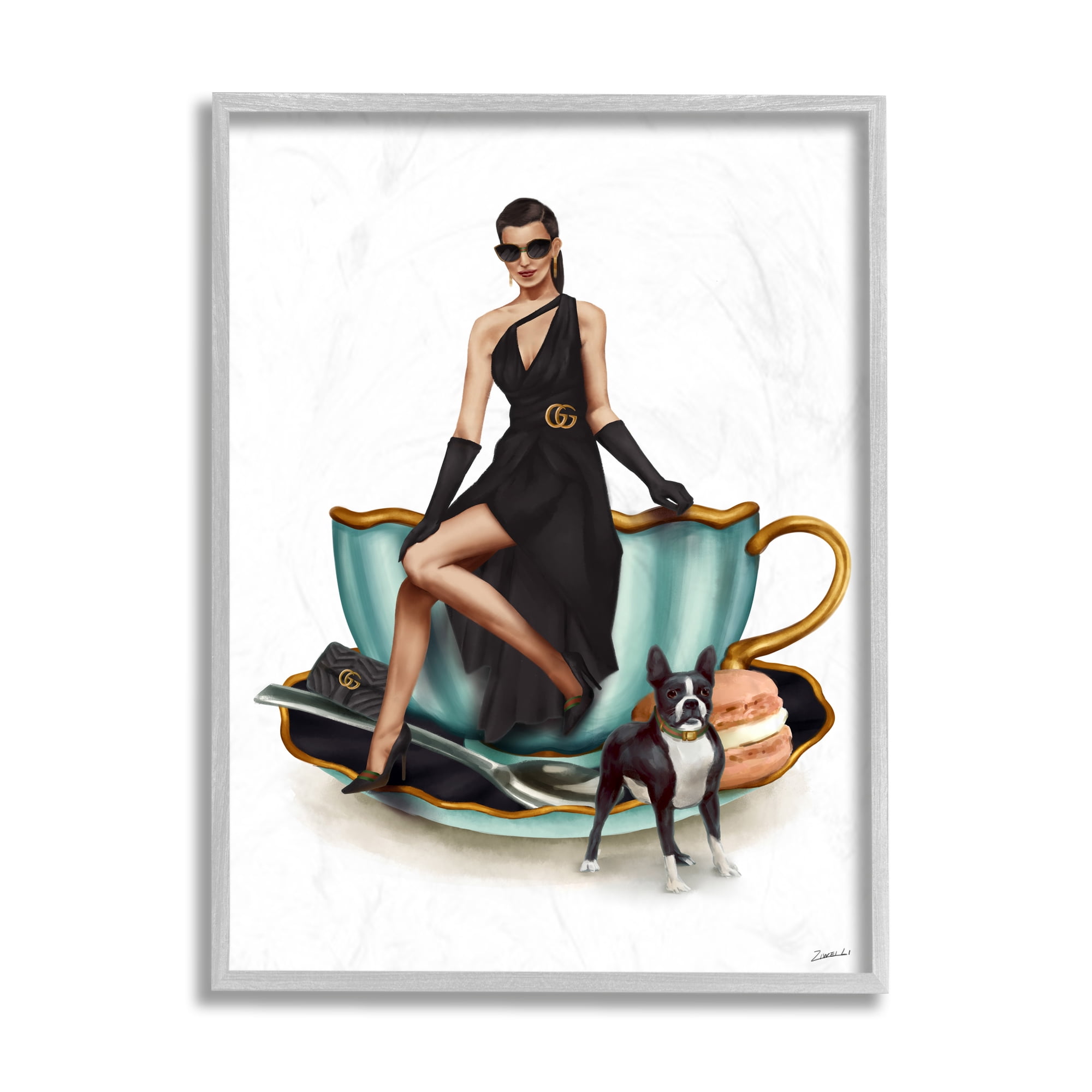 Stupell Industries Elegant Fashion Female Turquoise Tea Cup Food & Beverage Painting Gray Framed Art Print Wall Art, 11 x 14