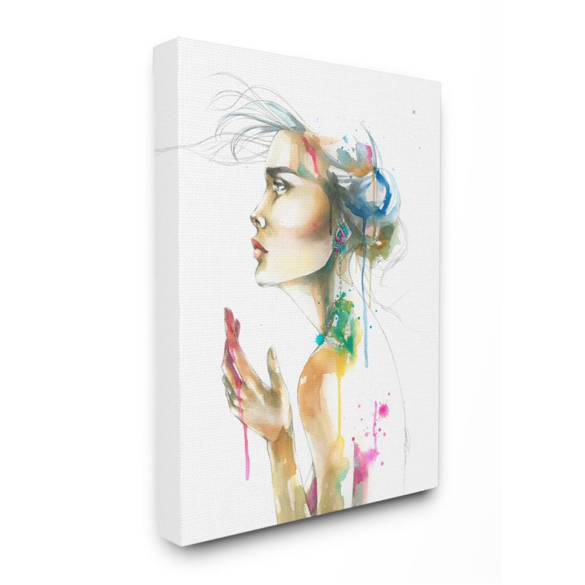 Elegant Female Side Portrait Abstract Watercolor Canvas Art, 17" x 21"