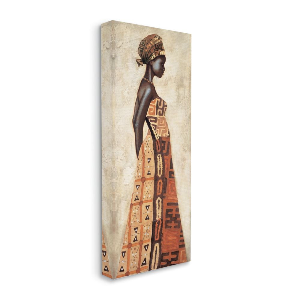 Elegant Brown and Beige Canvas Wall Art with Patterned Dress, 13 x 30