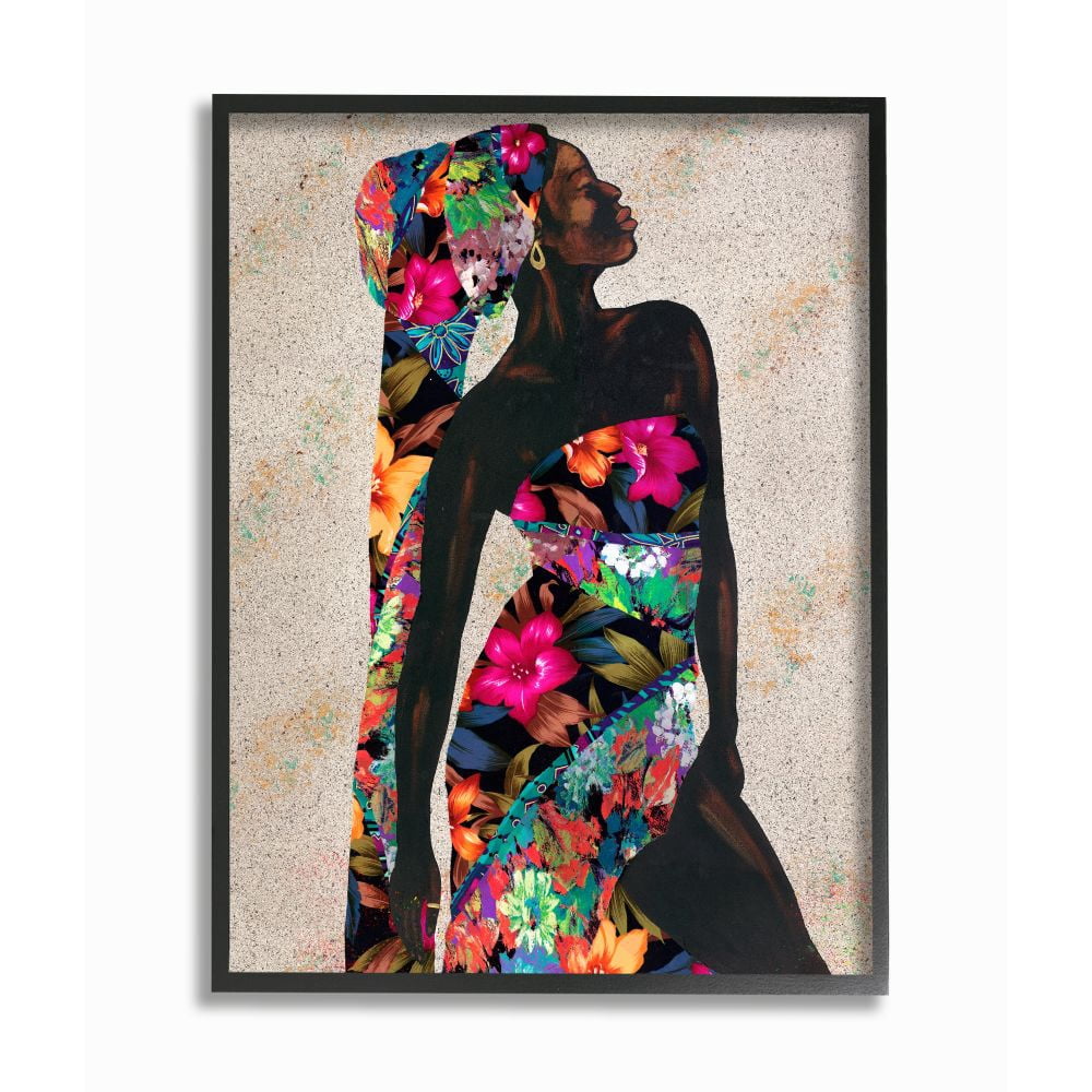 Stupell Industries Elegant Female Tropical Floral Dress Strength Pose Framed Wall Art Design by Alonzo Saunders, 11" x 14", Black Framed