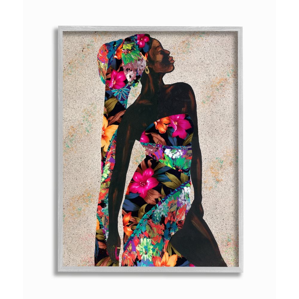 Stupell Industries Elegant Female Tropical Floral Dress Strength Pose Framed Wall Art Design by Alonzo Saunders, 11" x 14", Gray Framed