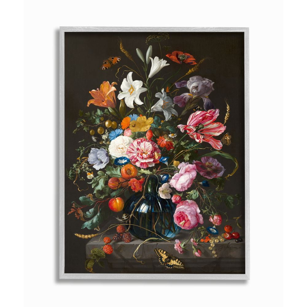 Stupell Industries Elegant Floral Bouquet Butterfly and Fruit Details Framed Wall Art Design by Ziwei Li, 16" x 20", Gray Framed