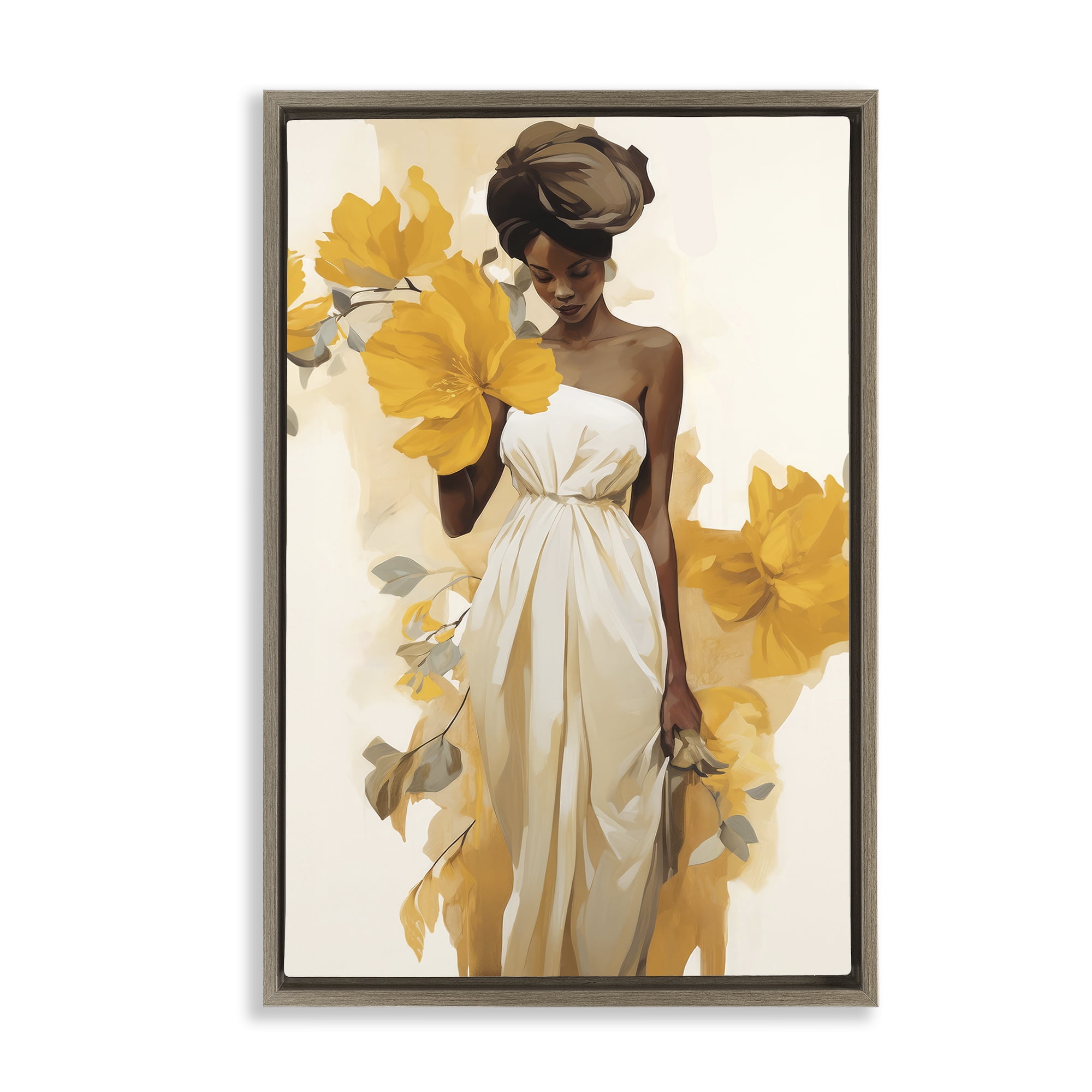 Stupell Industries Elegant Floral Woman People Painting Brown Floater Framed Canvas Art Print Wall Art, 21 x 31