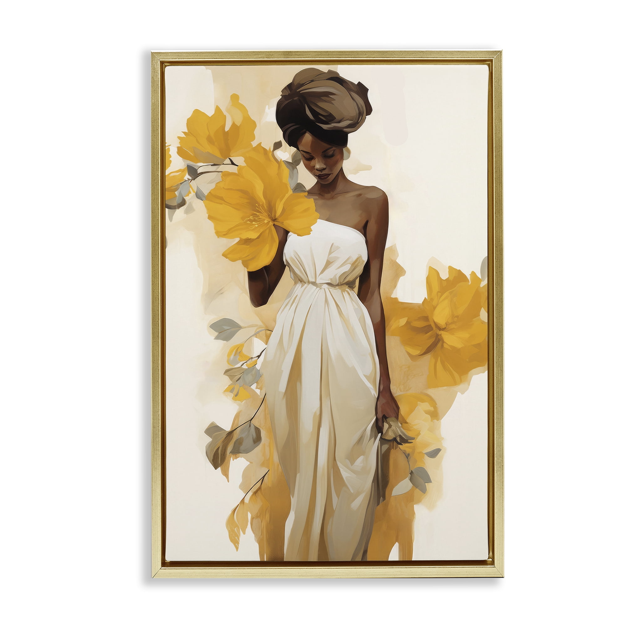 Stupell Industries Elegant Floral Woman People Painting Gold Floater Framed Canvas Art Print Wall Art, 17 x 25