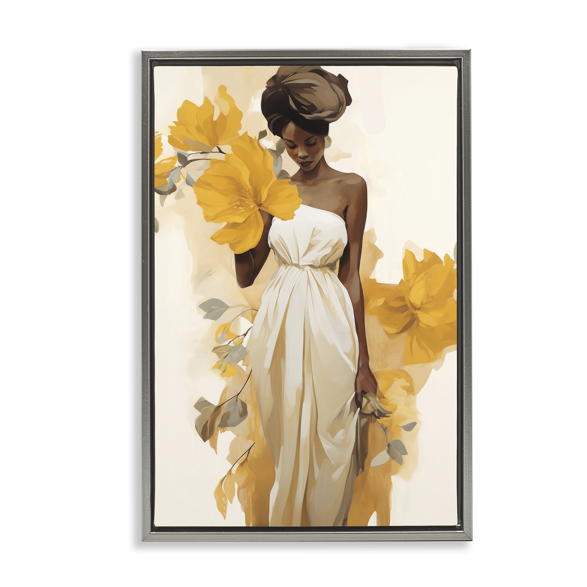 Stupell Industries Elegant Floral Woman People Painting Gray Floater Framed Canvas Art Print Wall Art, 17 x 25