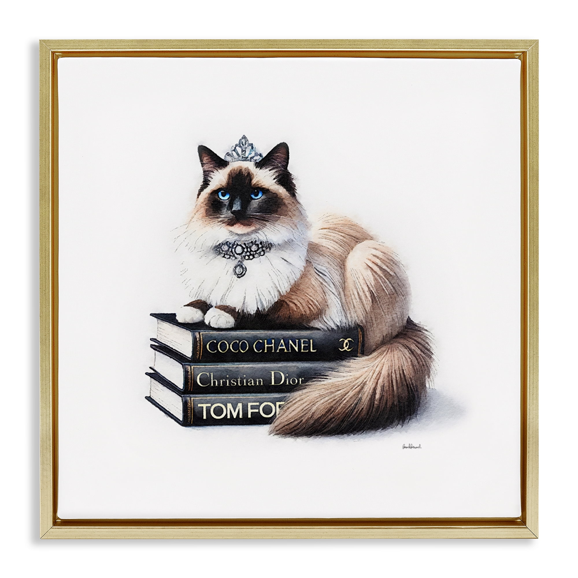 Stupell Industries Elegant Glam Cat & Books Animals Painting Gold Floater Framed Canvas Art Print Wall Art, 25 x 25