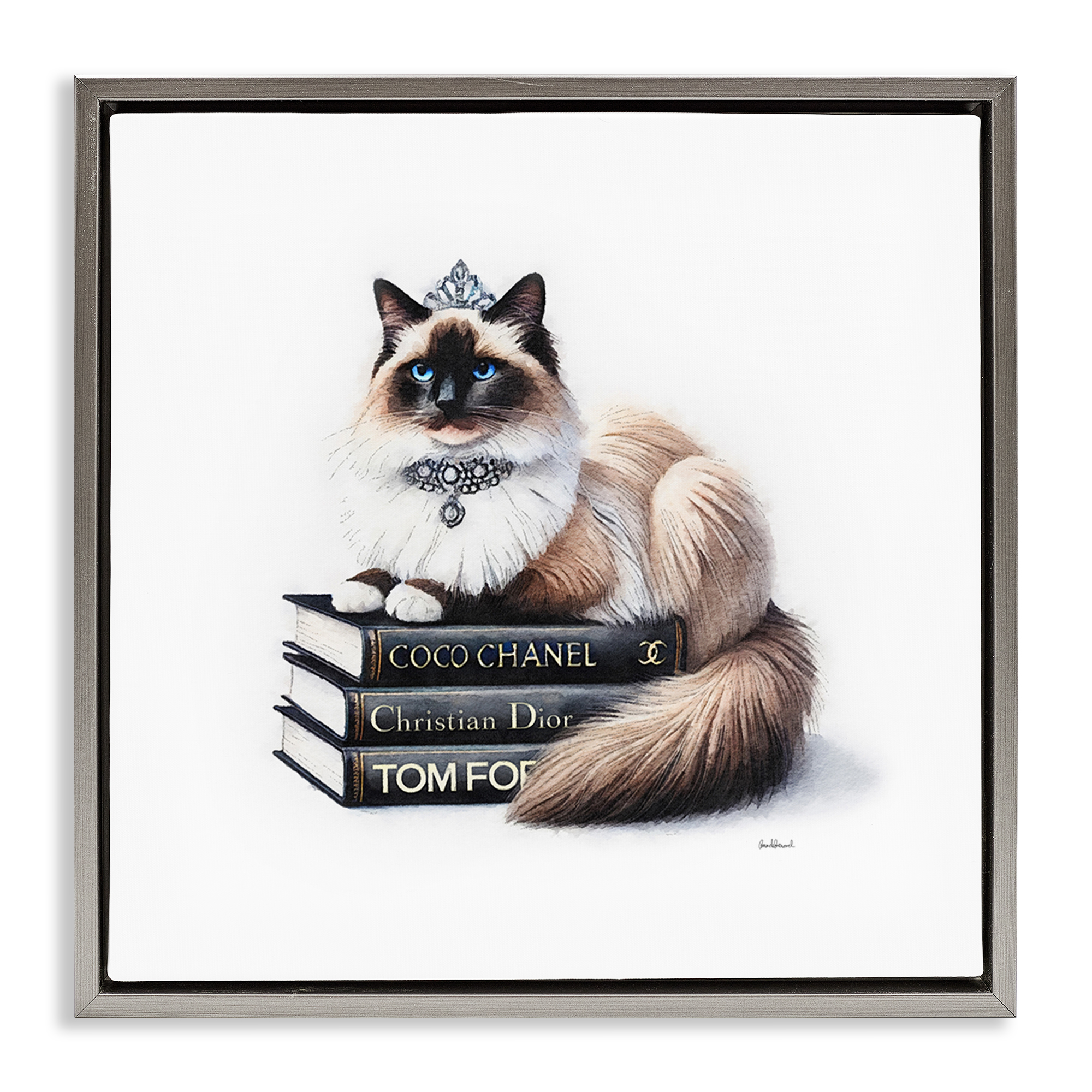 Stupell Industries Elegant Glam Cat & Books Animals Painting Gray Floater Framed Canvas Art Print Wall Art, 25 x 25