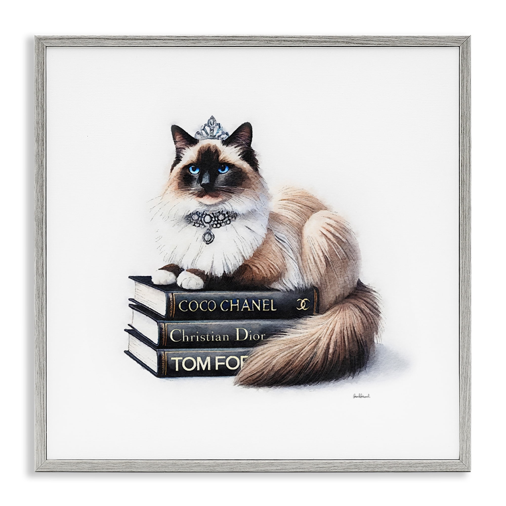 Stupell Industries Elegant Glam Cat & Books Animals Painting Gray Framed Art Print Wall Art, 24 x 24