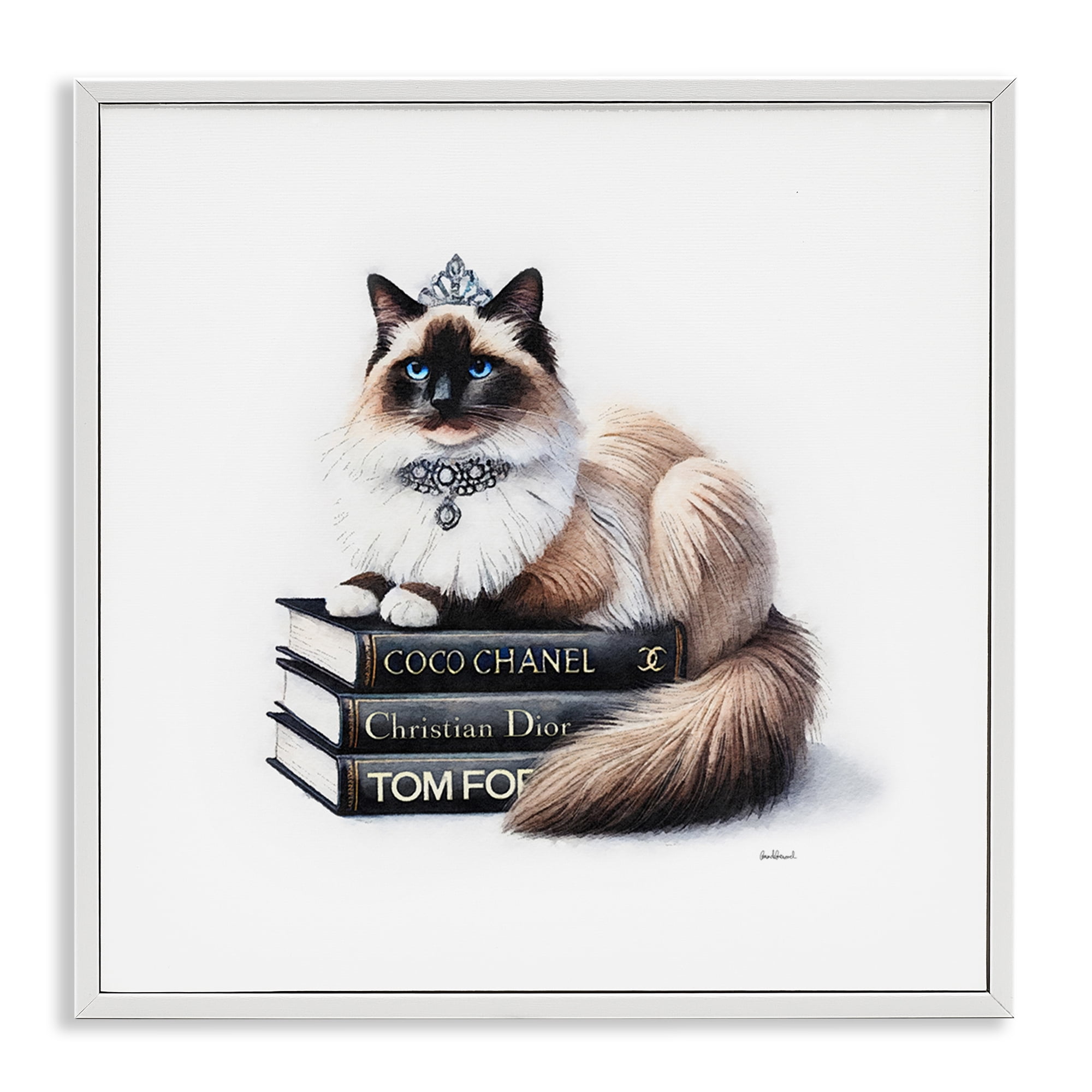 Stupell Industries Elegant Glam Cat & Books Animals Painting White Framed Art Print Wall Art, 24 x 24