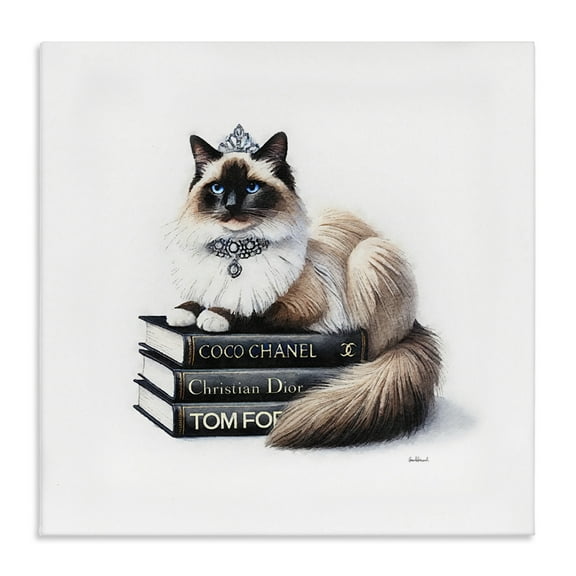 Stupell Industries Elegant Glam Cat & Books Animals Painting Wrapped Canvas Art Print Wall Art, 17 x 17
