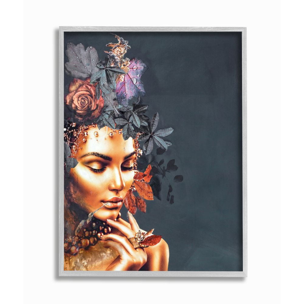 Stupell Industries Elegant Glam Female Portrait Floral Hair Leaves Framed Wall Art Design by Design Fabrikken, 11" x 14", Gray Framed