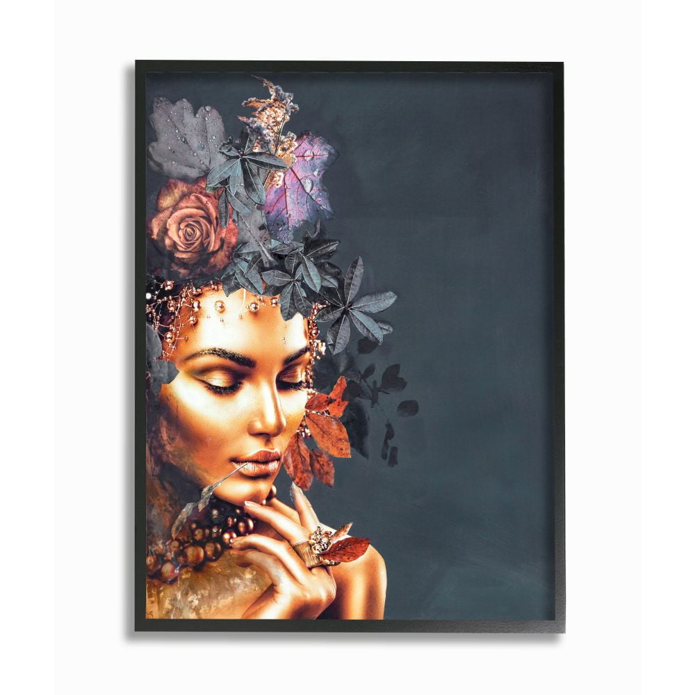 Elegant Glam Female Portrait Floral Hair Leaves Canvas Print in Black Frame