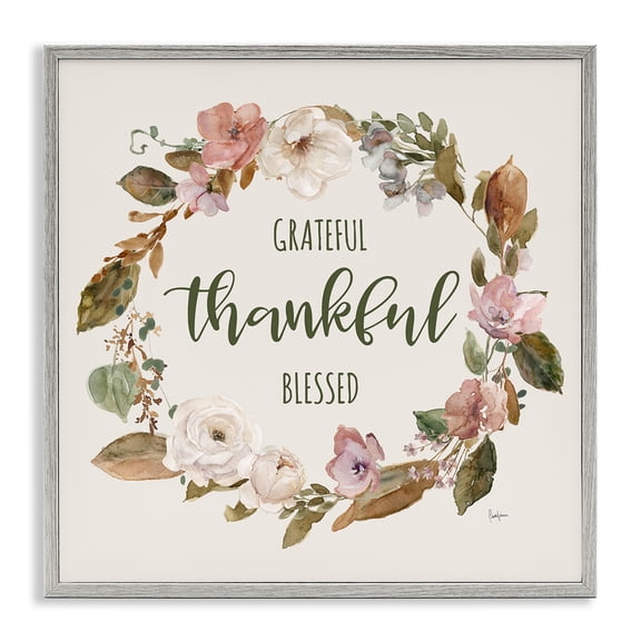 Stupell Industries Elegant Gratitude Wreath Quotes and Sayings Painting Gray Framed Art Print Wall Art, 24 x 24