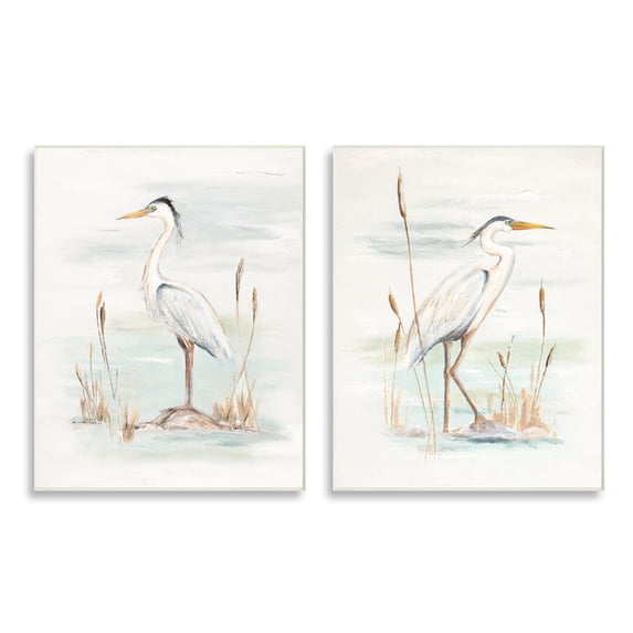 Stupell Industries Elegant Heron Birds Cattails Plants In Water Painting Unframed Art Print Wall Art Set of 2, 13x19, by Patricia Pinto