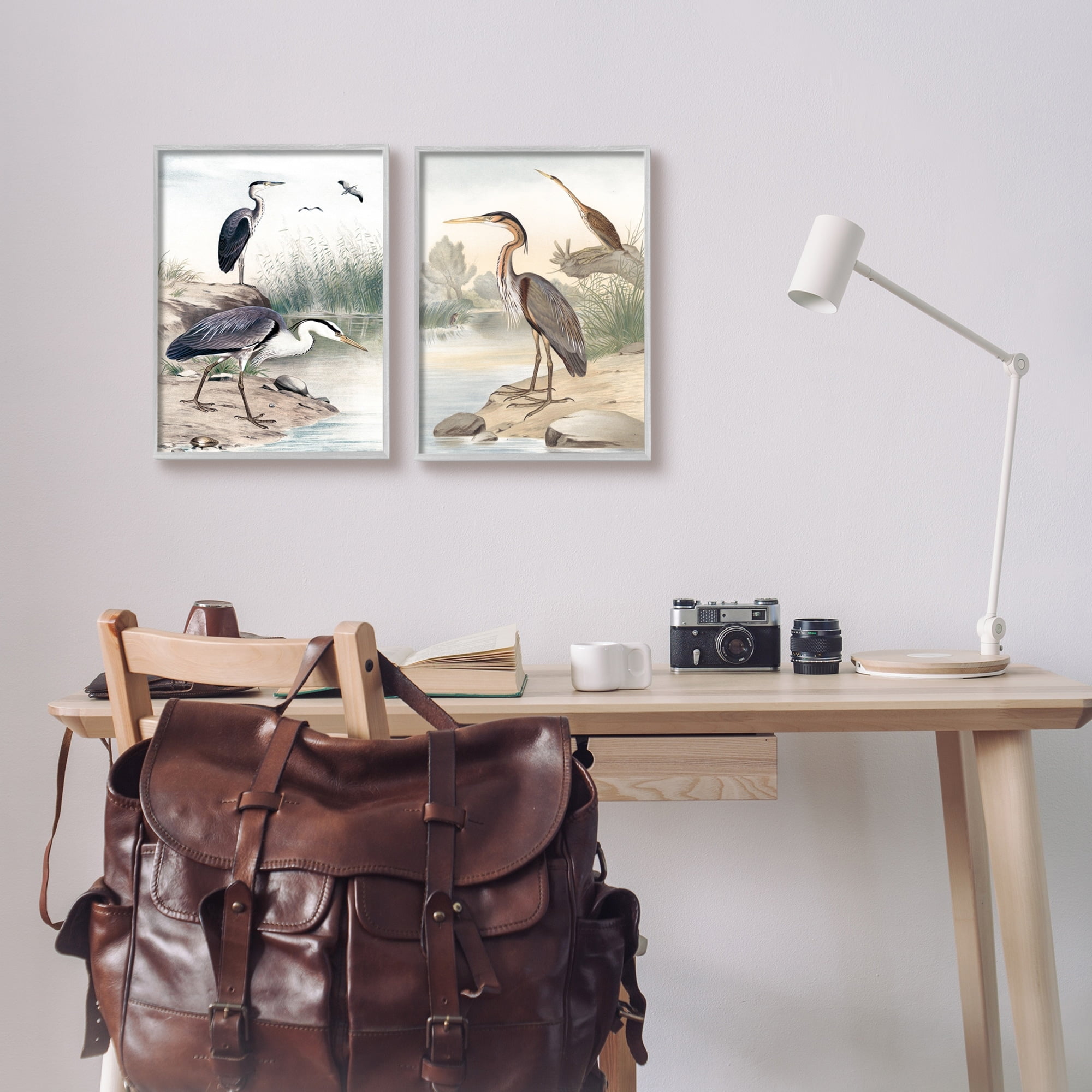 Stupell Industries Elegant Heron Birds Foraging River Edge Scene Graphic Art Gray Framed Art Print Wall Art, Set of 2, Design by Piddix