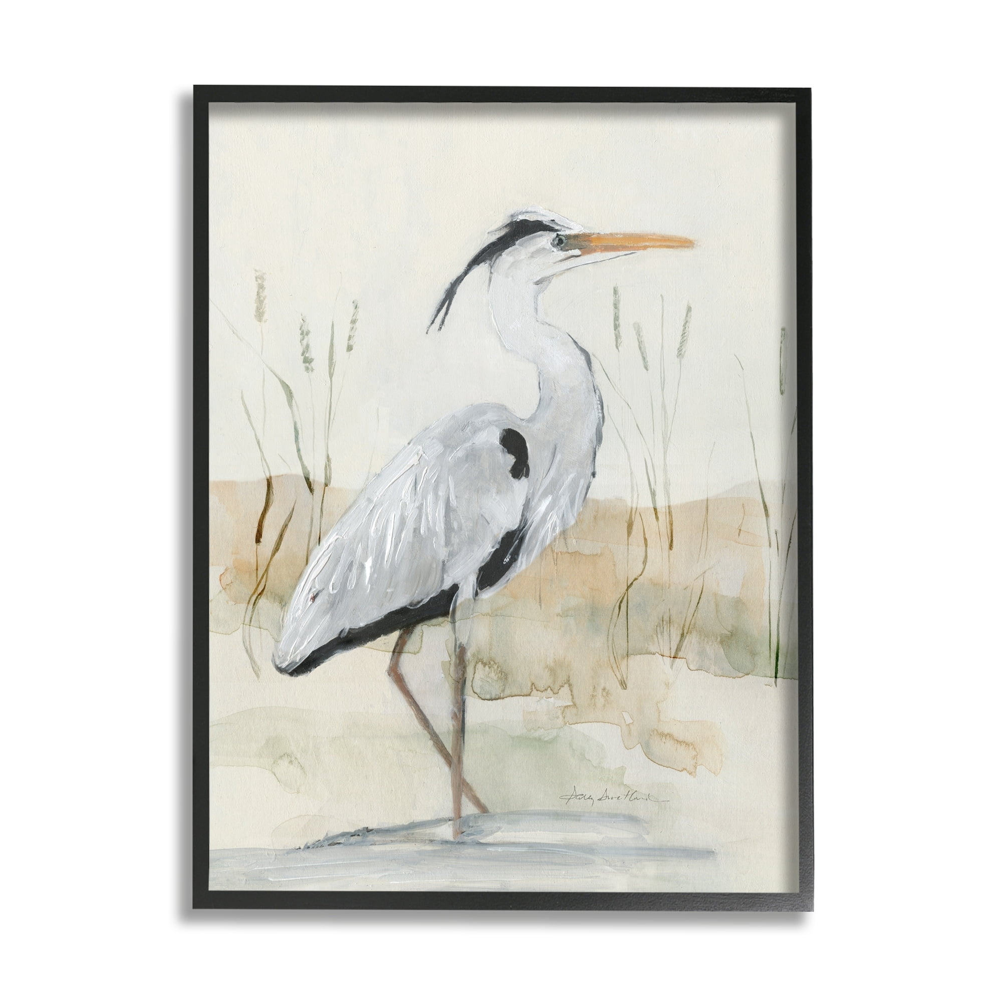 Stupell Industries Elegant Heron Nature Creek Portrait Coastal Painting Black Framed Art Print Wall Art