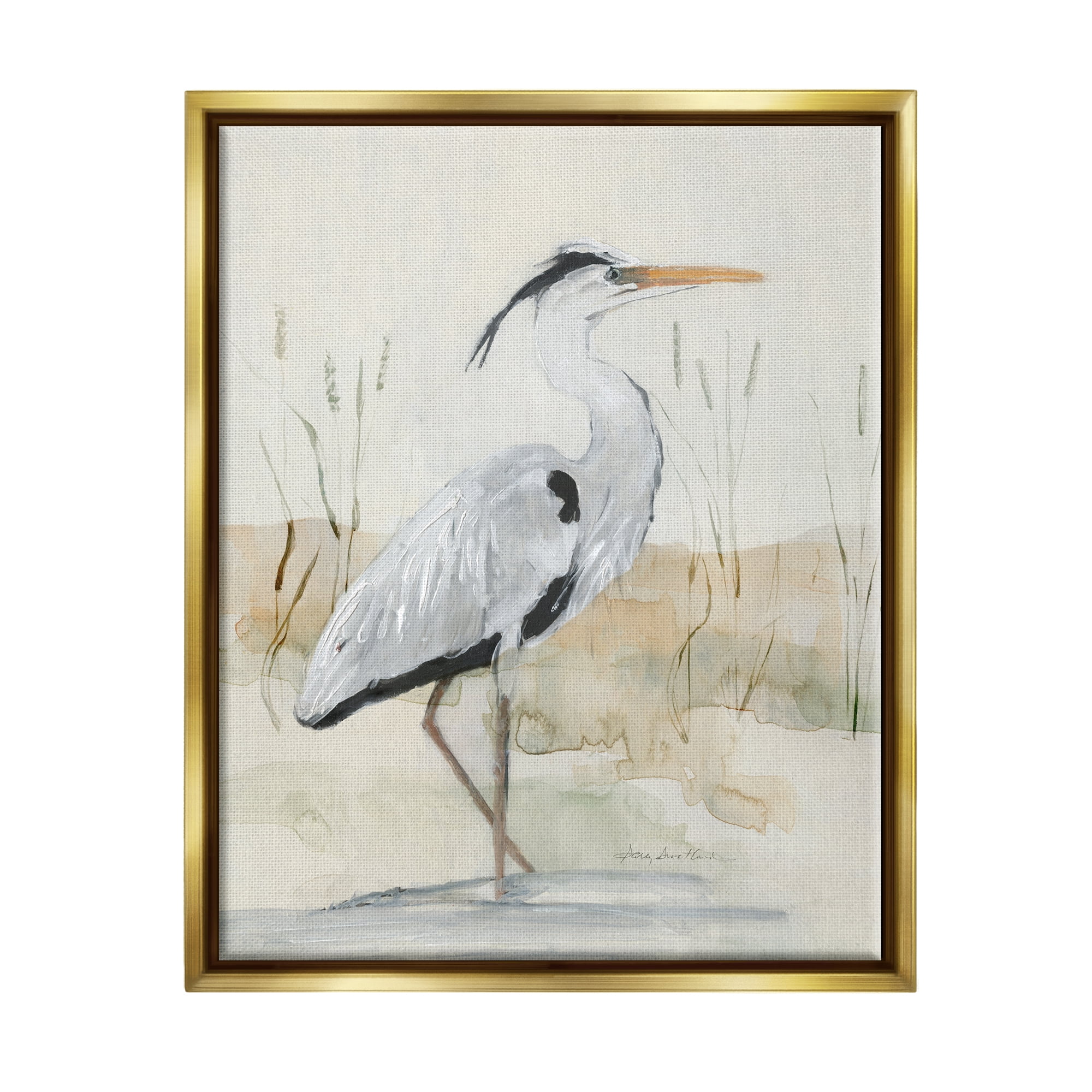 Stupell Industries Elegant Heron Nature Creek Portrait Coastal Painting Gold Floater Framed Art Print Wall Art