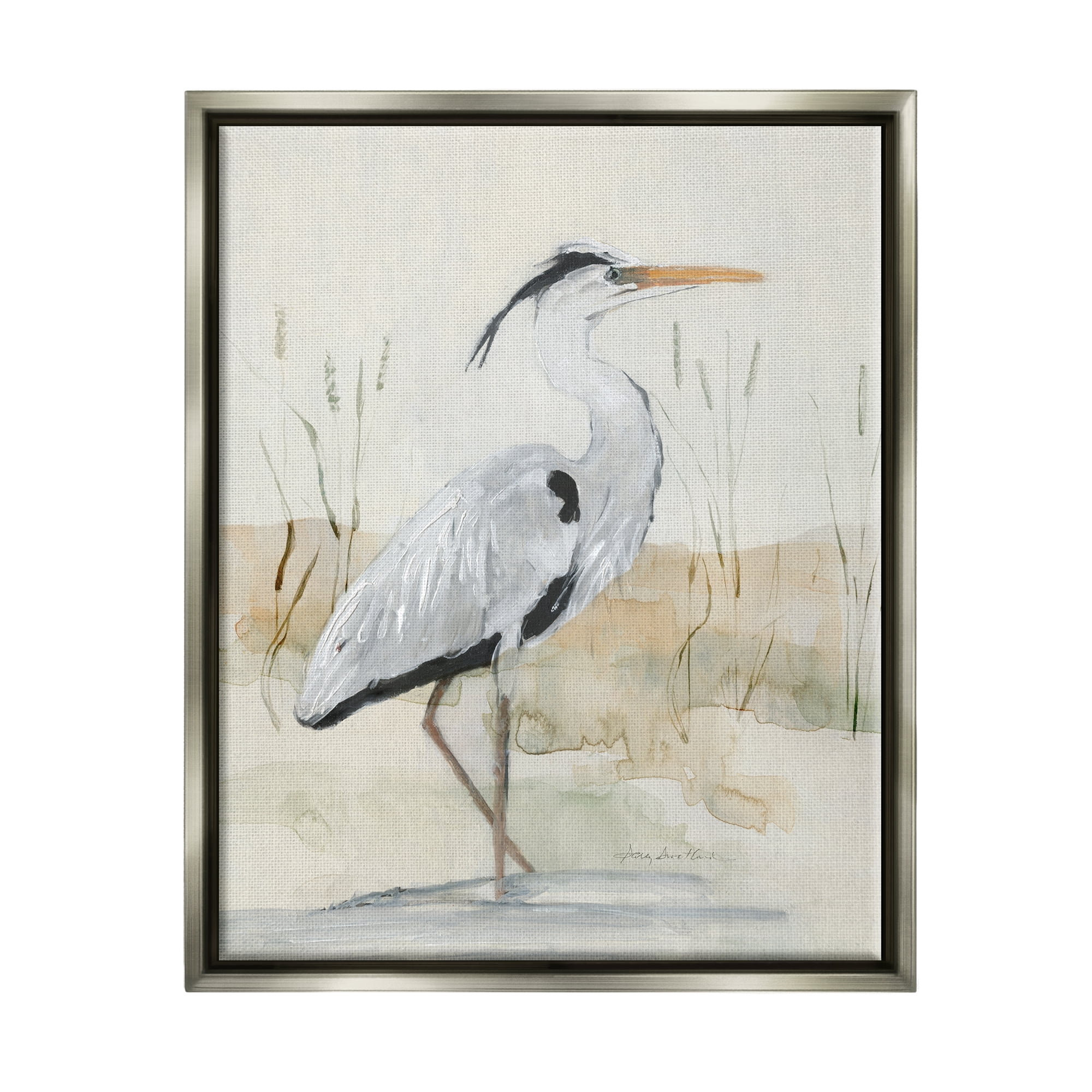 Stupell Industries Elegant Heron Nature Creek Portrait Coastal Painting Gray Floater Framed Art Print Wall Art