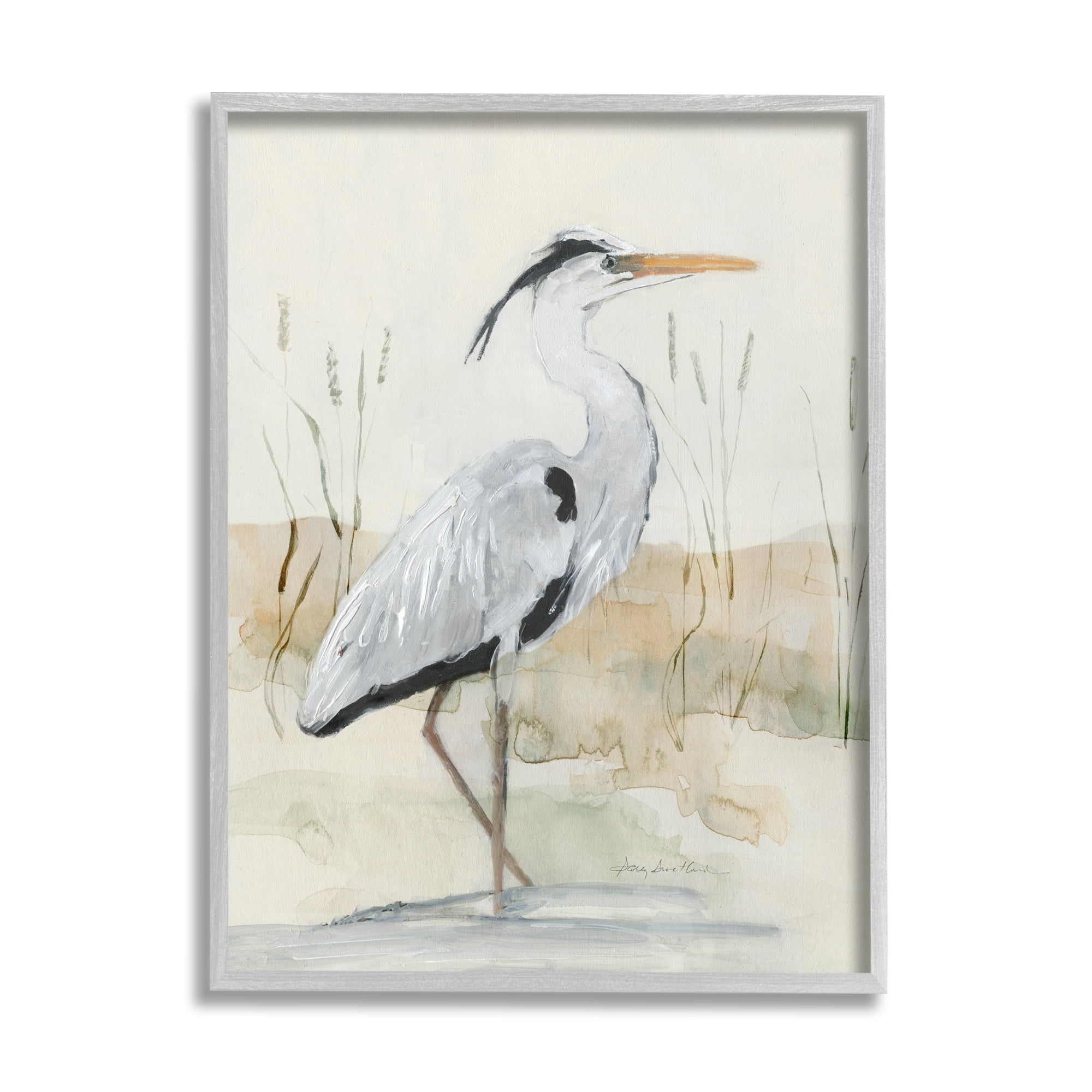 Stupell Industries Elegant Heron Nature Creek Portrait Coastal Painting Gray Framed Art Print Wall Art