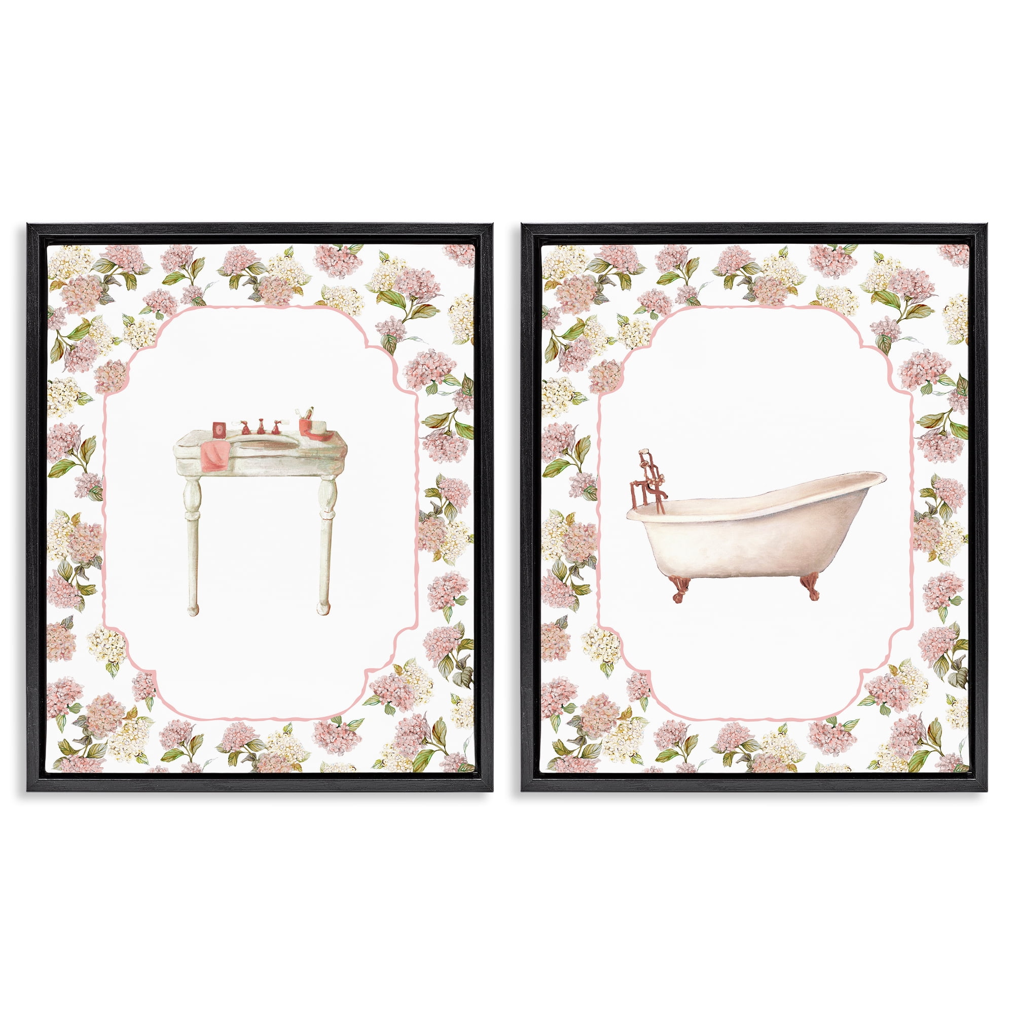 Stupell Industries Elegant Hydrangeas Bathroom 2 Piece Black Framed Floater Canvas Set, design by Carol Robinson