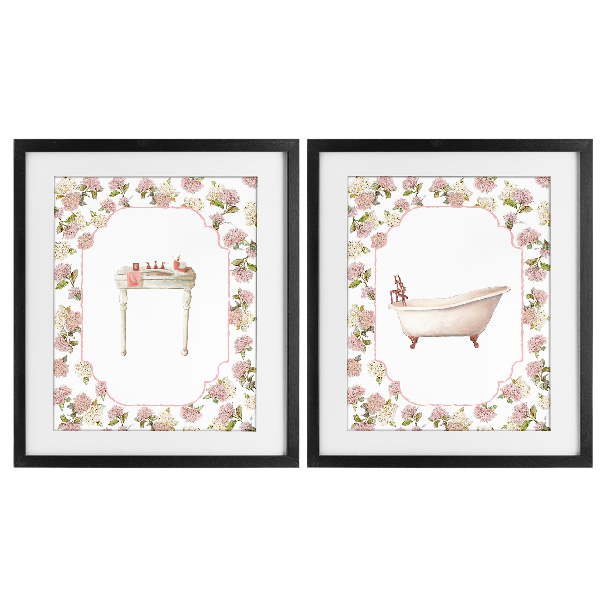 Stupell Industries Elegant Hydrangeas Bathroom 2 Piece Black Framed Print Under Glass Set, design by Carol Robinson
