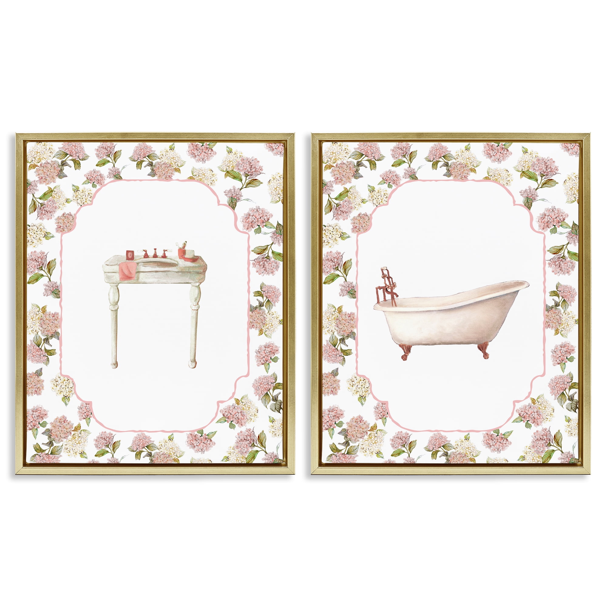 Stupell Industries Elegant Hydrangeas Bathroom 2 Piece Gold Framed Floater Canvas Set, design by Carol Robinson