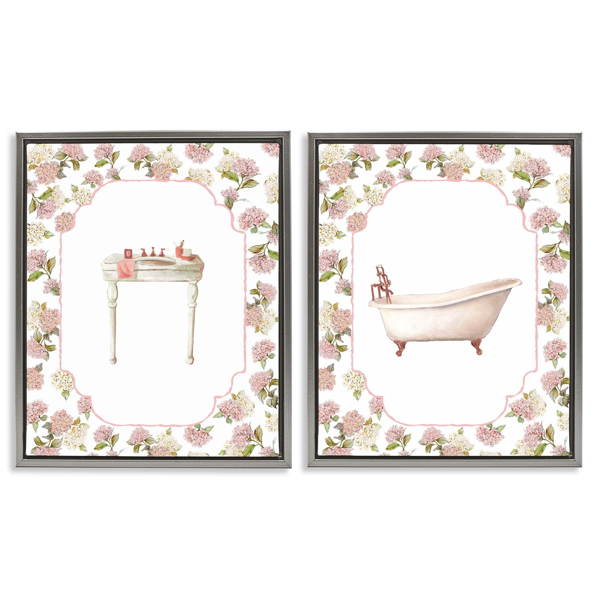 Stupell Industries Elegant Hydrangeas Bathroom 2 Piece Gray Framed Floater Canvas Set, design by Carol Robinson