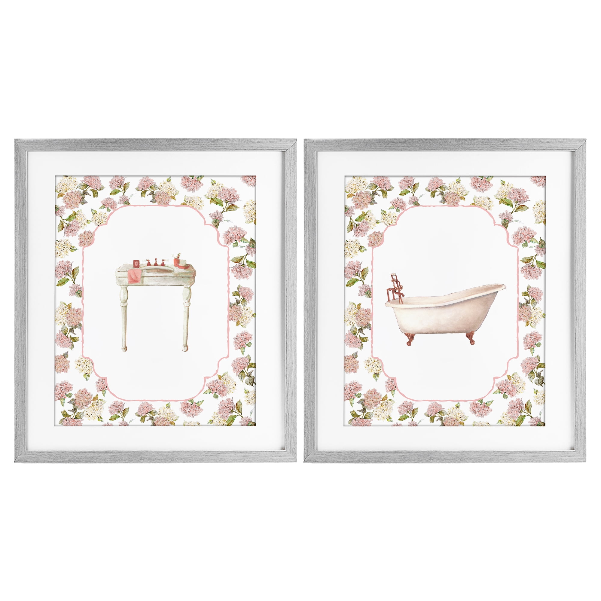 Stupell Industries Elegant Hydrangeas Bathroom 2 Piece Gray Framed Print Under Glass Set, design by Carol Robinson