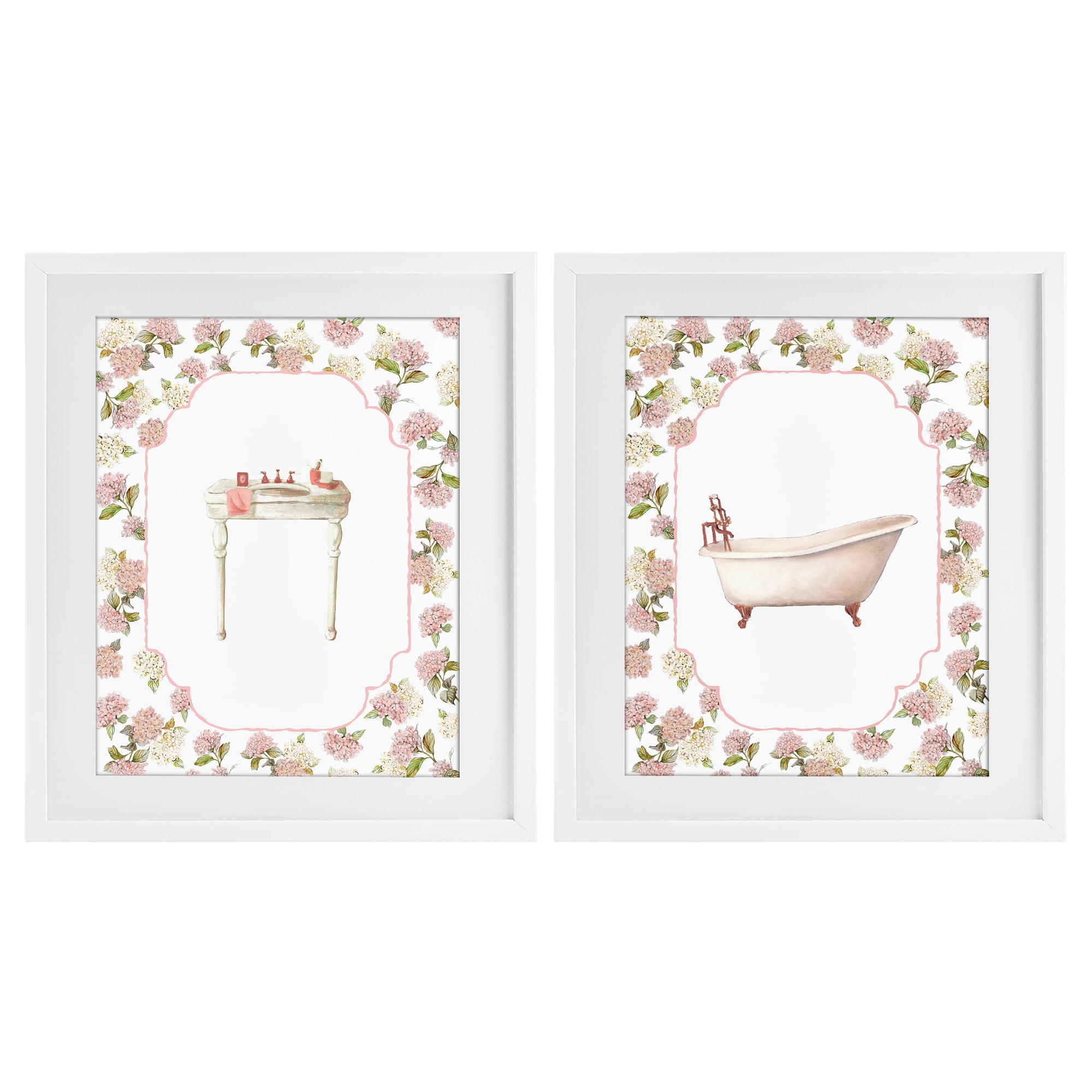 Stupell Industries Elegant Hydrangeas Bathroom 2 Piece White Framed Print Under Glass Set, design by Carol Robinson