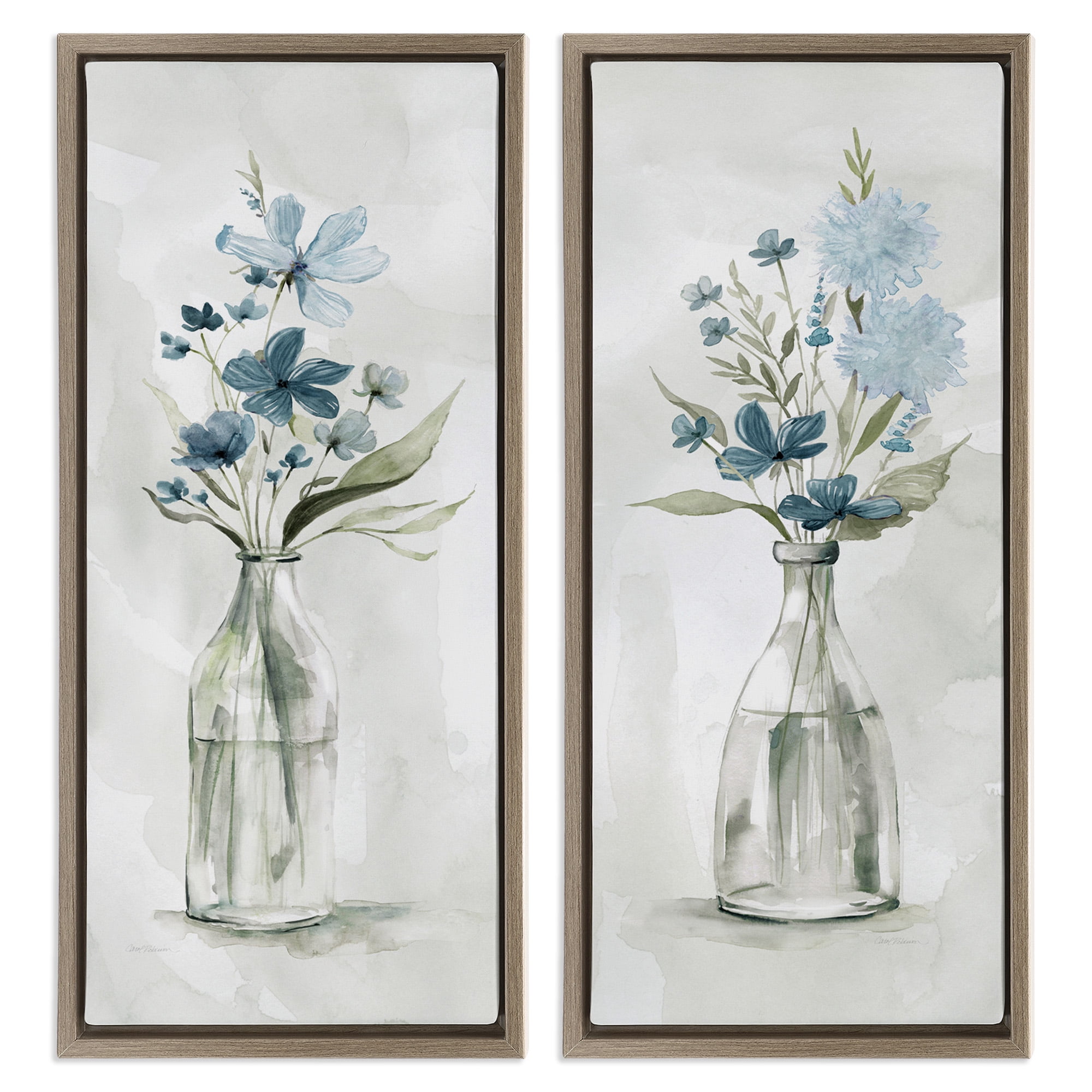 Stupell Industries Elegant Indigo Lilac Flower Jars Botanical & Floral Painting Brown Floater Framed Canvas Art Print Wall Art, 15 x 31, Set of 2