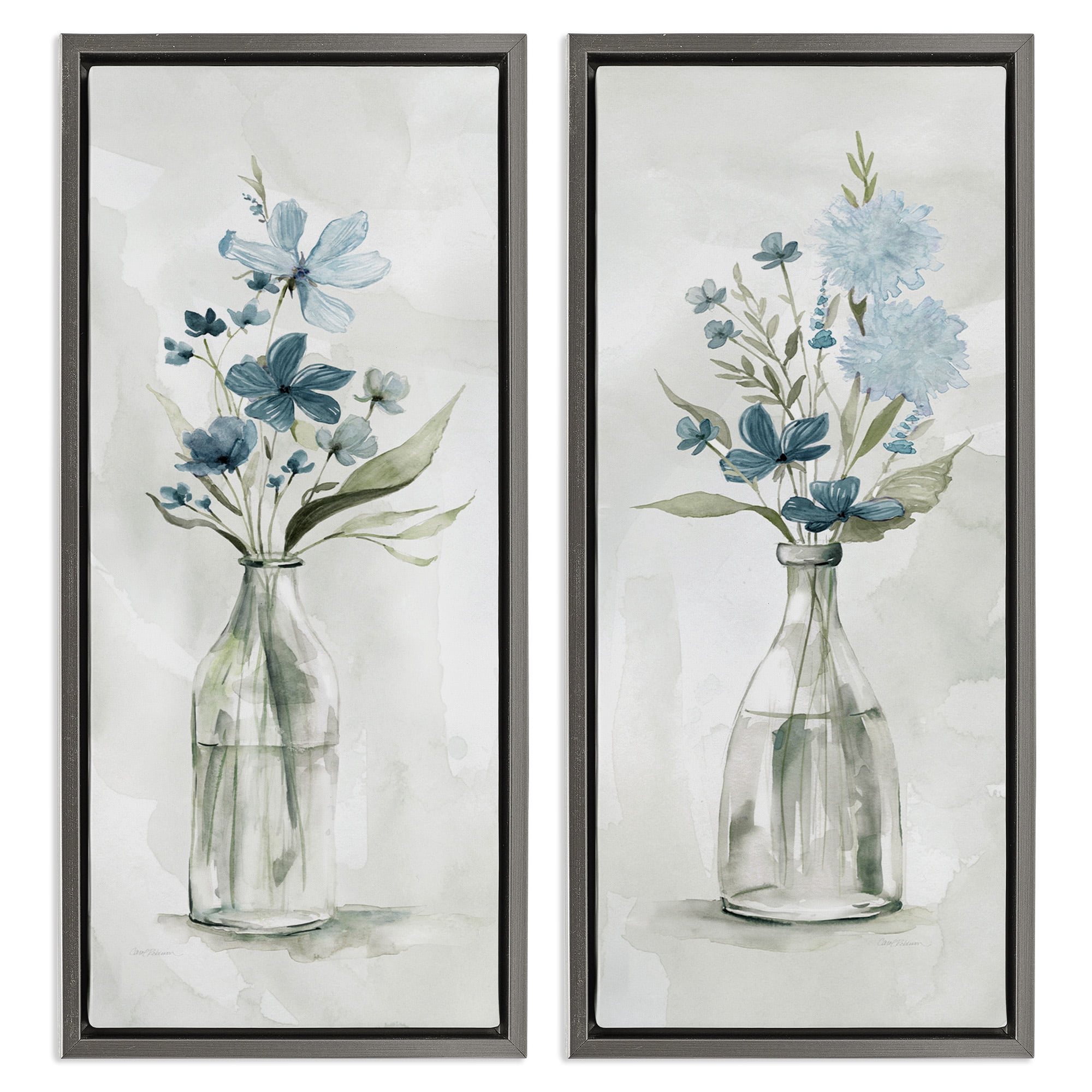Stupell Industries Elegant Indigo Lilac Flower Jars Botanical & Floral Painting Gray Floater Framed Canvas Art Print Wall Art, 11 x 25, Set of 2