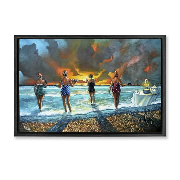 Stupell Industries Elegant Ladies on Beach Novelty Painting Black Floater Framed Canvas Art Print Wall Art, 25 x 17