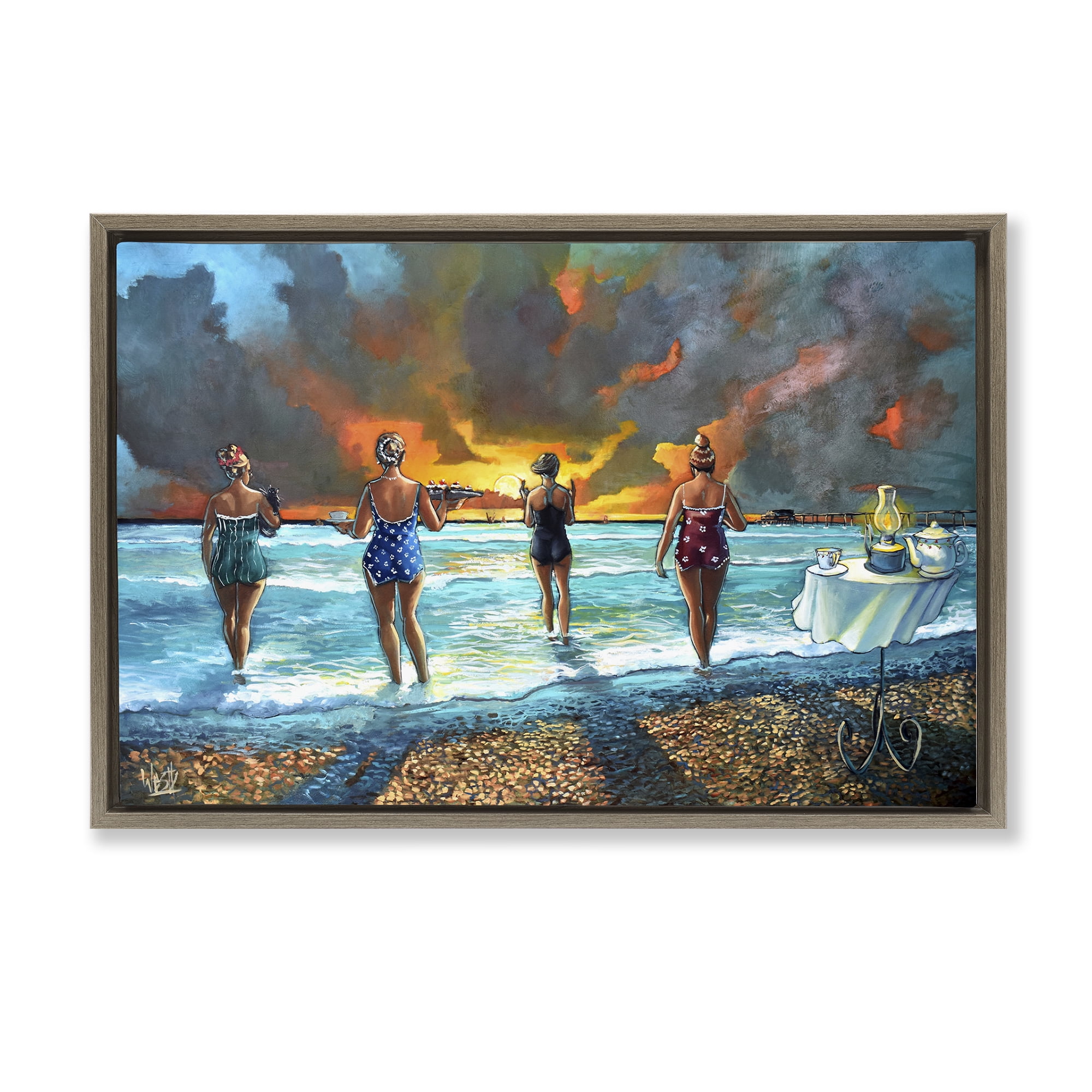 Stupell Industries Elegant Ladies on Beach Novelty Painting Brown Floater Framed Canvas Art Print Wall Art, 25 x 17