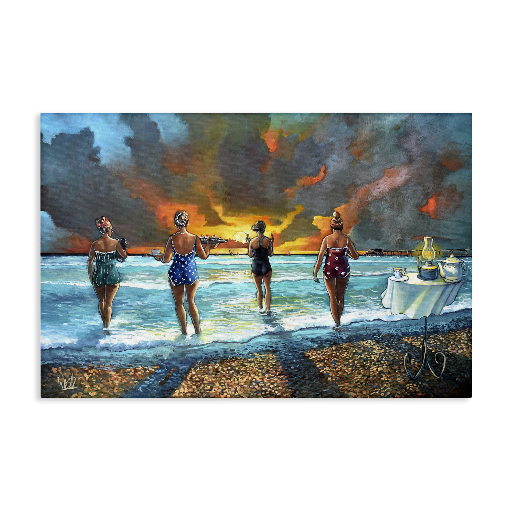 Stupell Industries Elegant Ladies on Beach Novelty Painting Gallery Wrapped Canvas Art Print Wall Art, 36 x 24