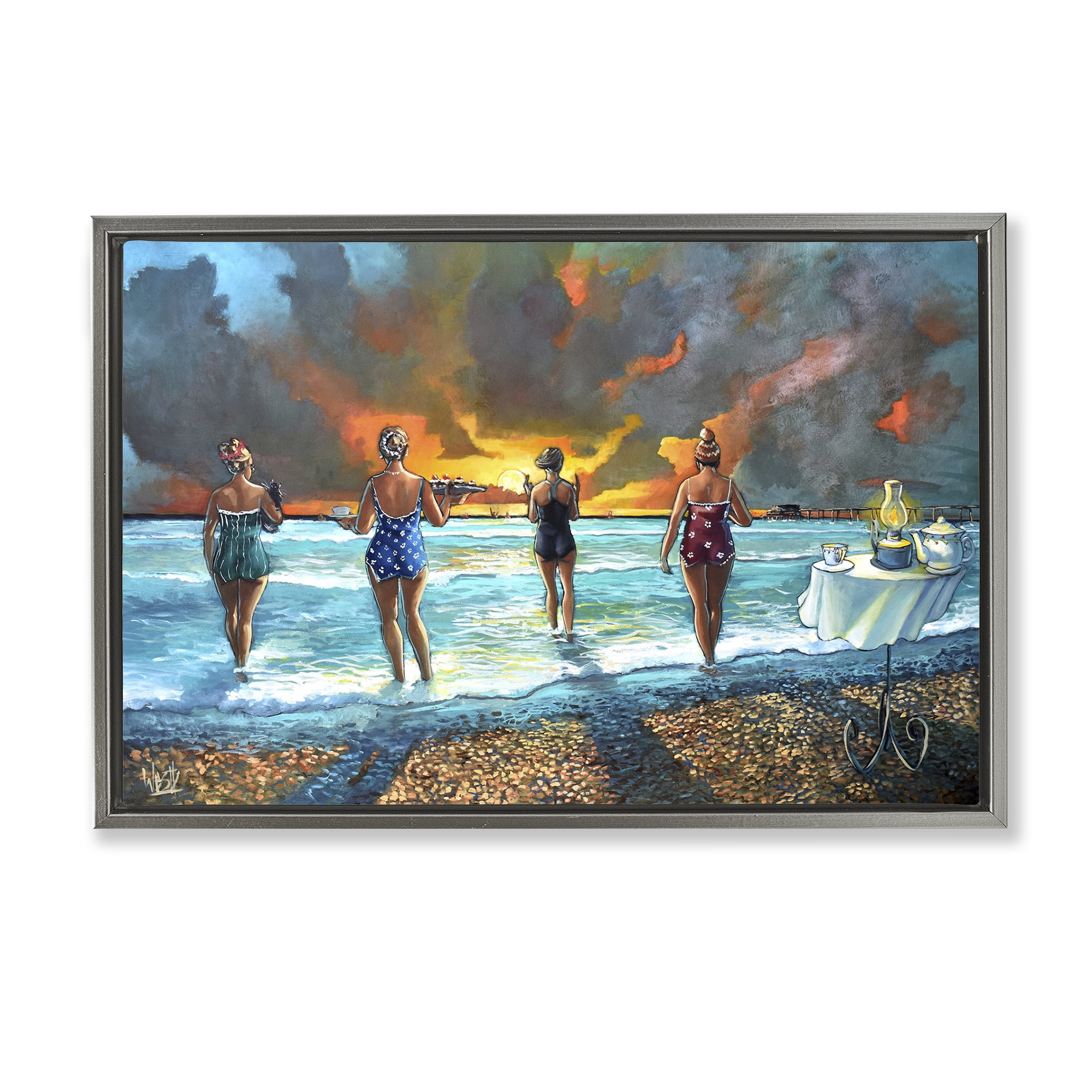Stupell Industries Elegant Ladies on Beach Novelty Painting Gray Floater Framed Canvas Art Print Wall Art, 25 x 17