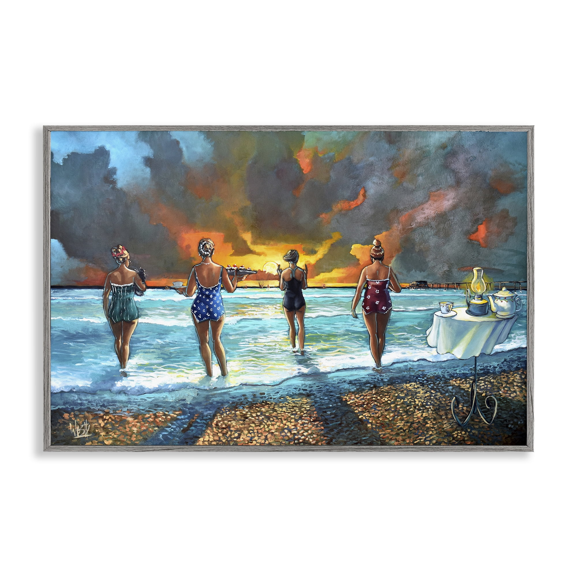 Stupell Industries Elegant Ladies on Beach Novelty Painting Gray Framed Art Print Wall Art, 18 x 12