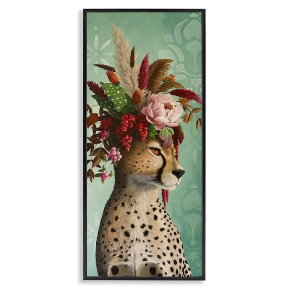 Stupell Industries Elegant Leopard with Flower Arrangement Animals Painting Black Framed Art Print Wall Art, 10 x 24