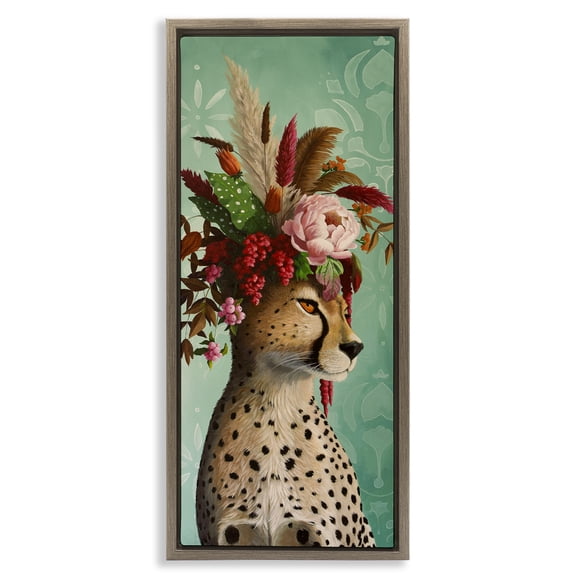 Stupell Industries Elegant Leopard with Flower Arrangement Animals Painting Brown Floater Framed Canvas Art Print Wall Art, 15 x 31