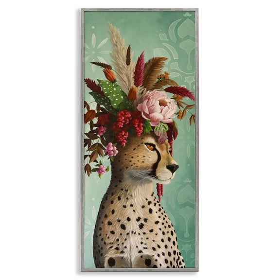 Stupell Industries Elegant Leopard with Flower Arrangement Animals Painting Gray Framed Art Print Wall Art, 10 x 24