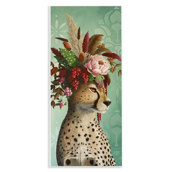 Stupell Industries Elegant Leopard with Flower Arrangement Animals Painting Unframed Art Print Wall Art, 7 x 17