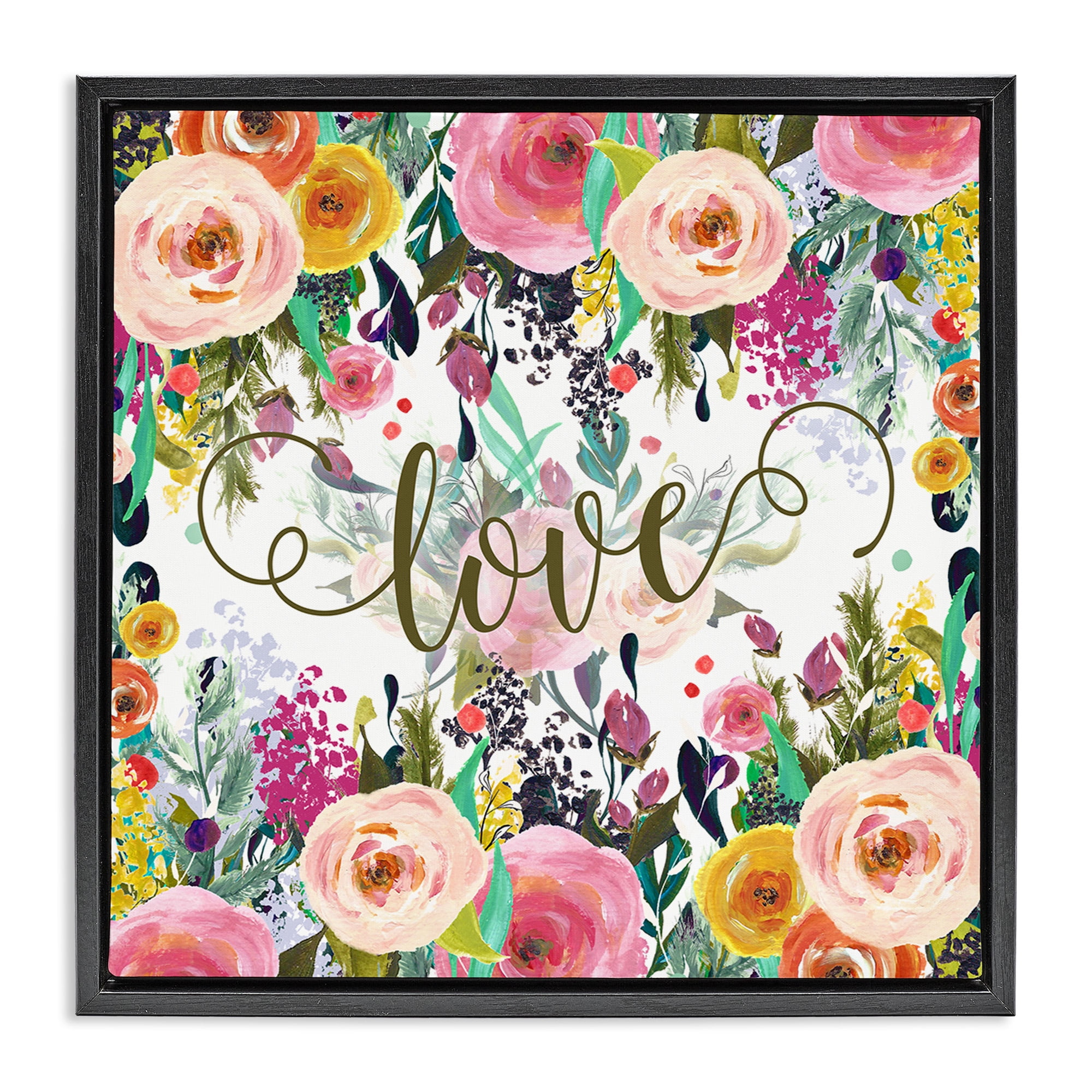 Stupell Industries Elegant Love Floral Pattern Botanical & Floral Painting Black Floater Framed Canvas Art Print Wall Art, 25 x 25