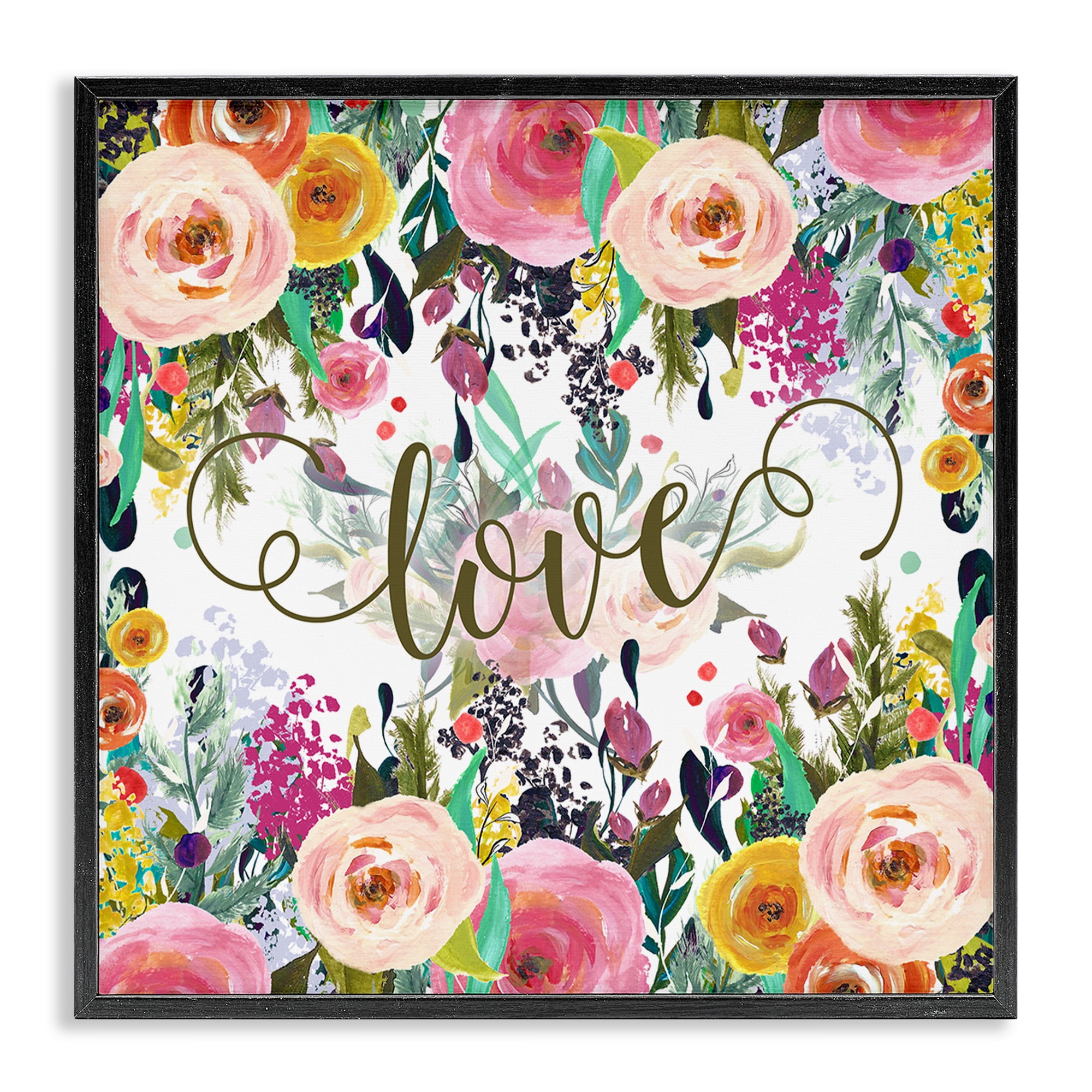 Stupell Industries Elegant Love Floral Pattern Botanical & Floral Painting Black Framed Art Print Wall Art, 17 x 17