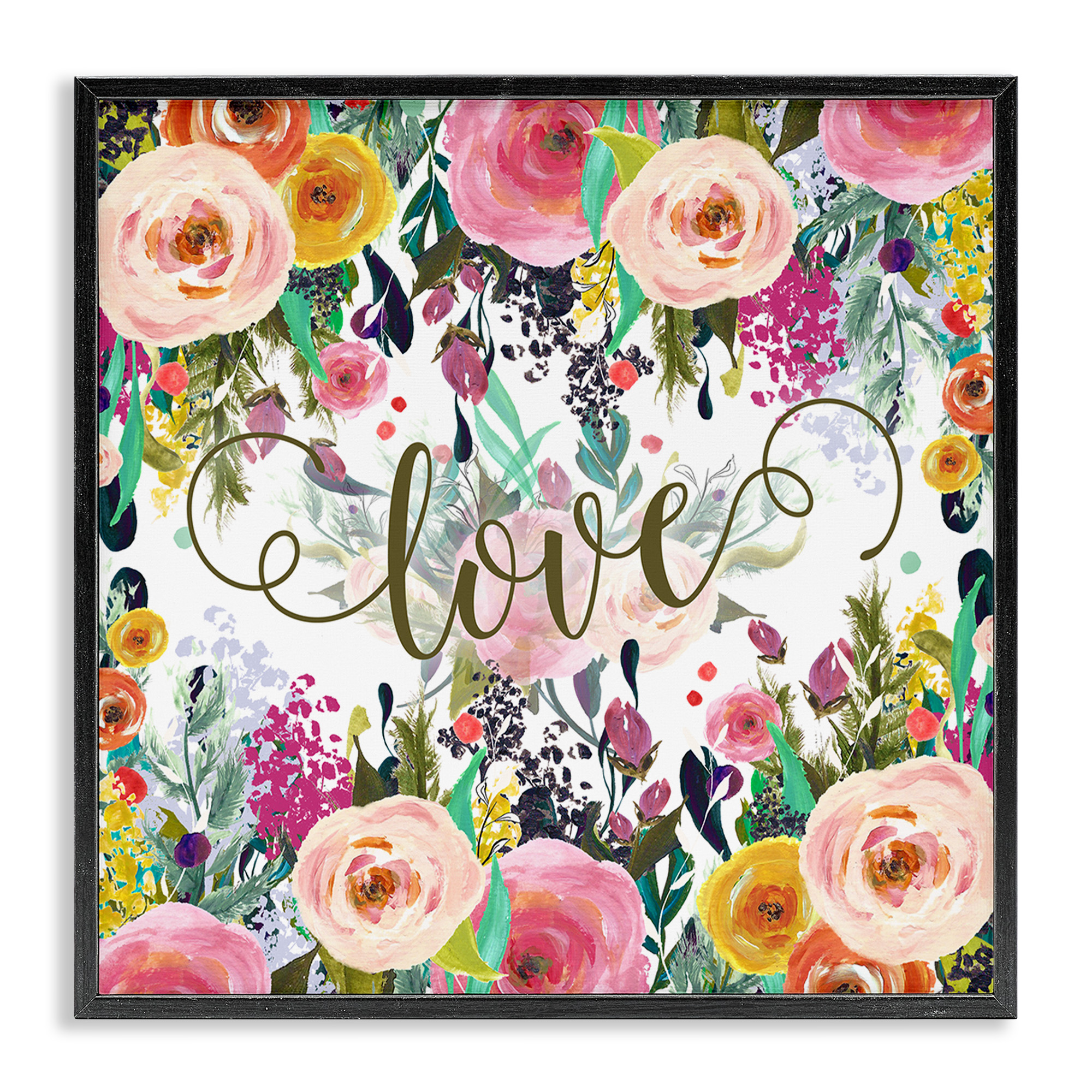 Stupell Industries Elegant Love Floral Pattern Botanical & Floral Painting Black Framed Art Print Wall Art, 24 x 24