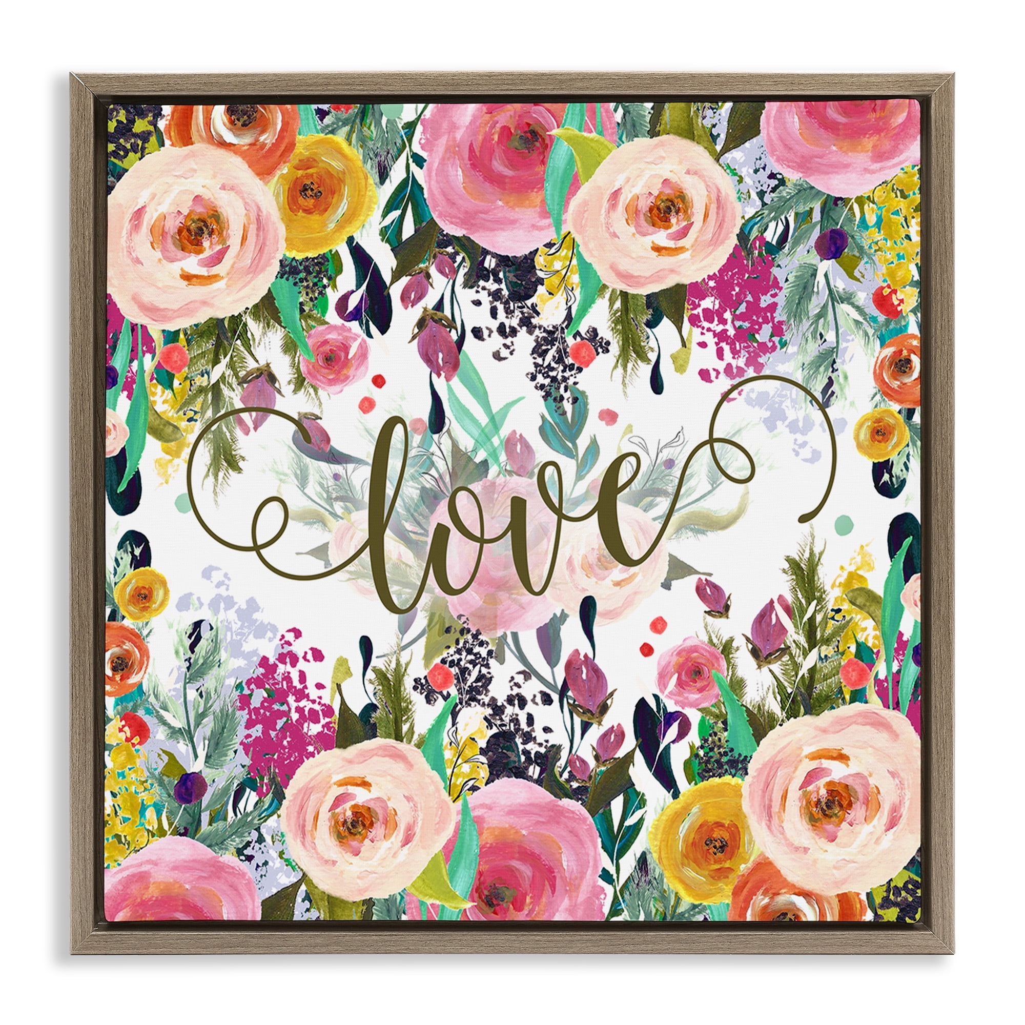 Stupell Industries Elegant Love Floral Pattern Botanical & Floral Painting Brown Floater Framed Canvas Art Print Wall Art, 18 x 18