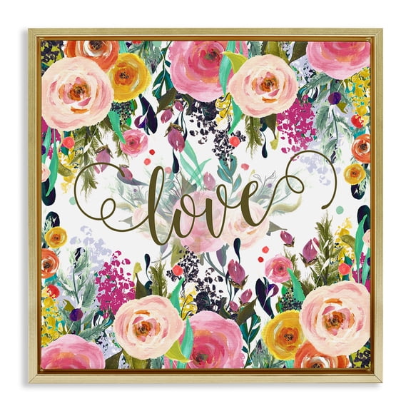 Stupell Industries Elegant Love Floral Pattern Botanical & Floral Painting Gold Floater Framed Canvas Art Print Wall Art, 25 x 25