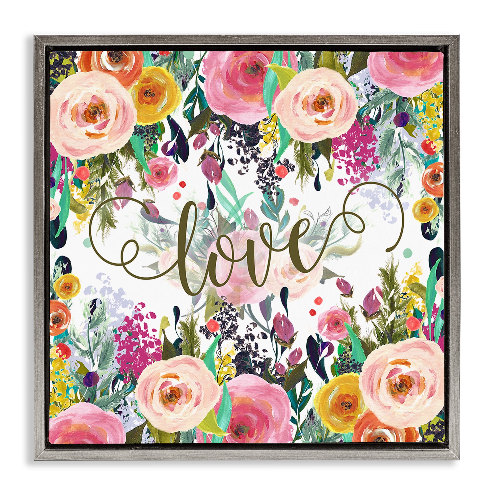 Stupell Industries Elegant Love Floral Pattern Botanical & Floral Painting Gray Floater Framed Canvas Art Print Wall Art, 18 x 18