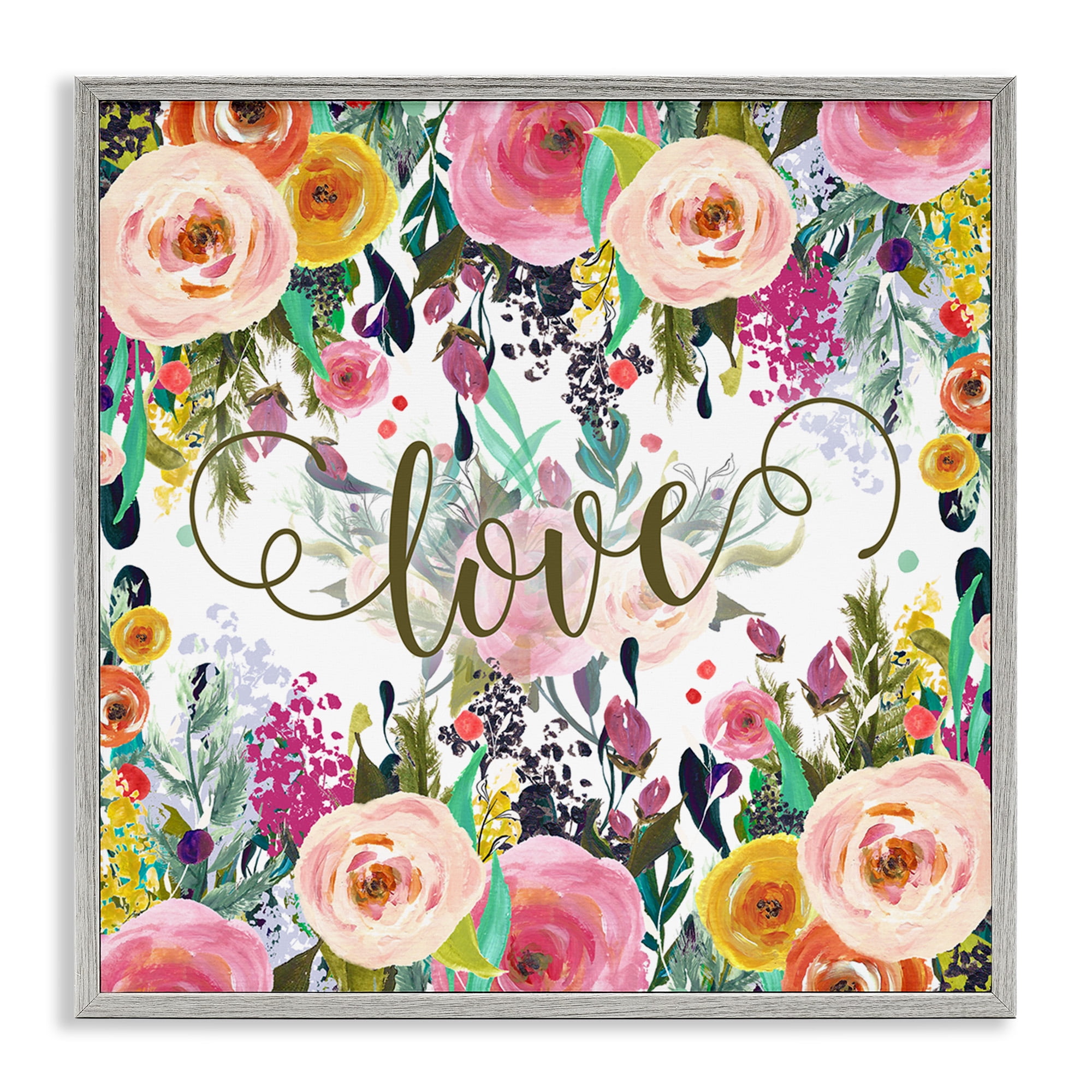 Stupell Industries Elegant Love Floral Pattern Botanical & Floral Painting Gray Framed Art Print Wall Art, 17 x 17