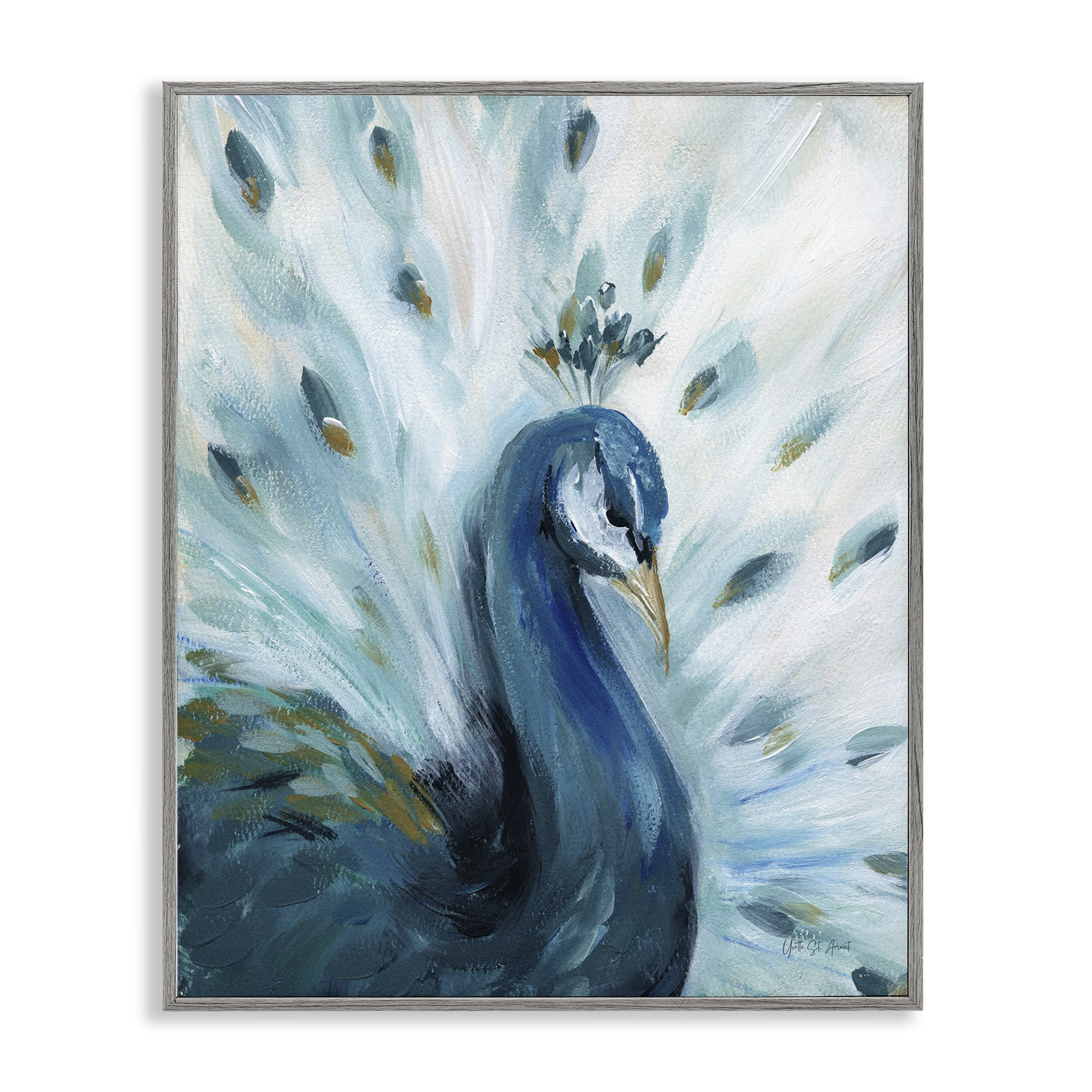 Stupell Industries Elegant Peacock Painting Animals & Insects Painting Gray Framed Art Print Wall Art, 24 x 30