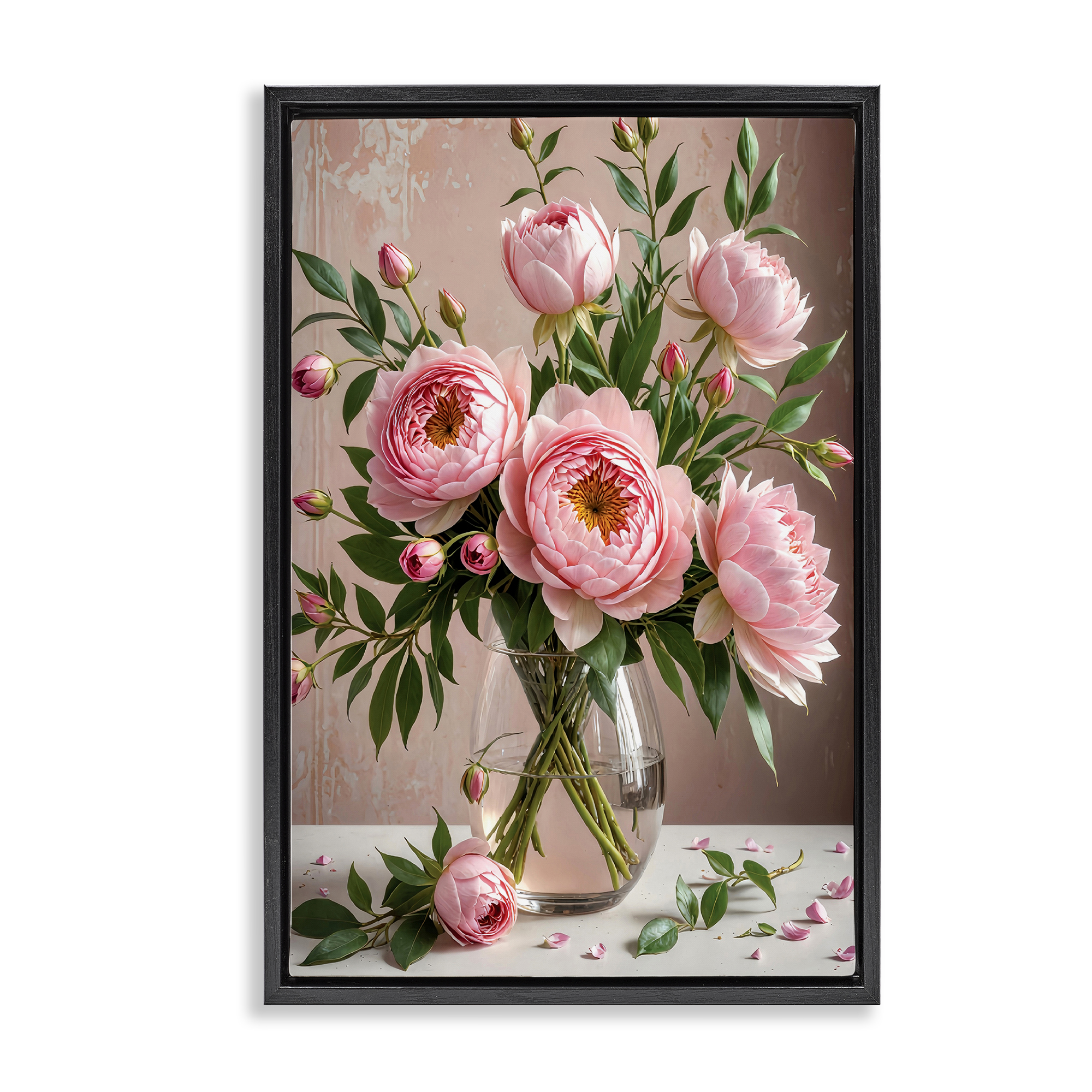 Stupell Industries Elegant Peonies in Vase Plants & Flowers Painting Black Floater Framed Canvas Art Print Wall Art, 21 x 31