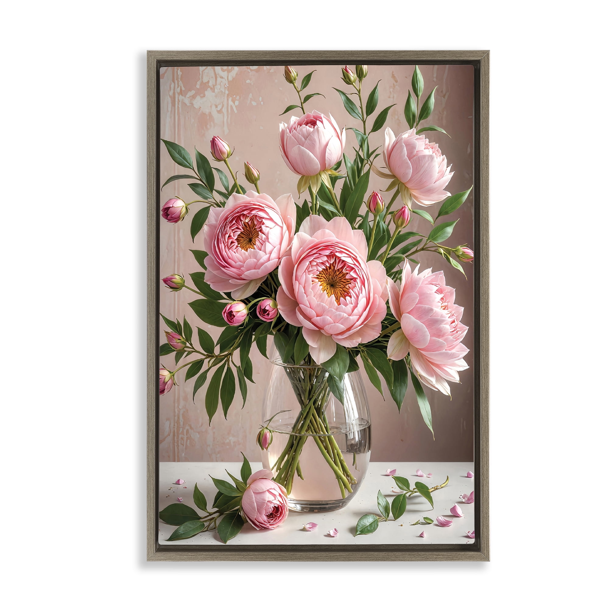 Stupell Industries Elegant Peonies in Vase Plants & Flowers Painting Brown Floater Framed Canvas Art Print Wall Art, 17 x 25